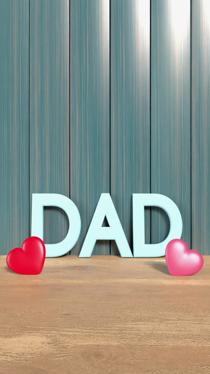 垂直爸爸标题与心脏形状的小雕像周围的木墙背景圈准备在4K分辨率