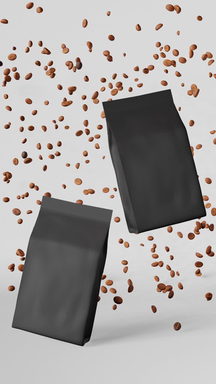黑色哑光袋坠落咖啡豆三维动画垂直设计。商品包装logo宣传片。空白铝箔产品包装悬浮模板咖啡店交付销售折扣演示4K