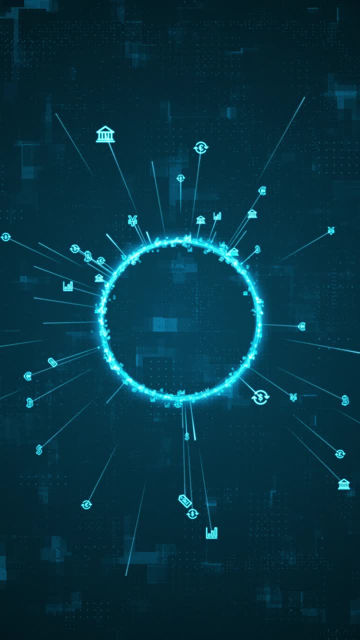 蓝色数字货币标志和环形旋转标志的动态图形，ai图标传播和线条链接在抽象背景上，具有加密货币金融和数字货币垂直视频概念