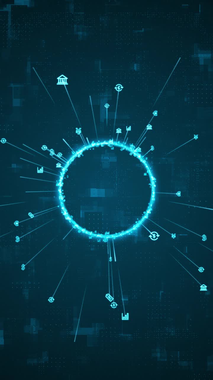 蓝色数字货币标志和环形旋转标志的动态图形，ai图标传播和线条链接在抽象背景上，具有加密货币金融和数字货币垂直视频概念