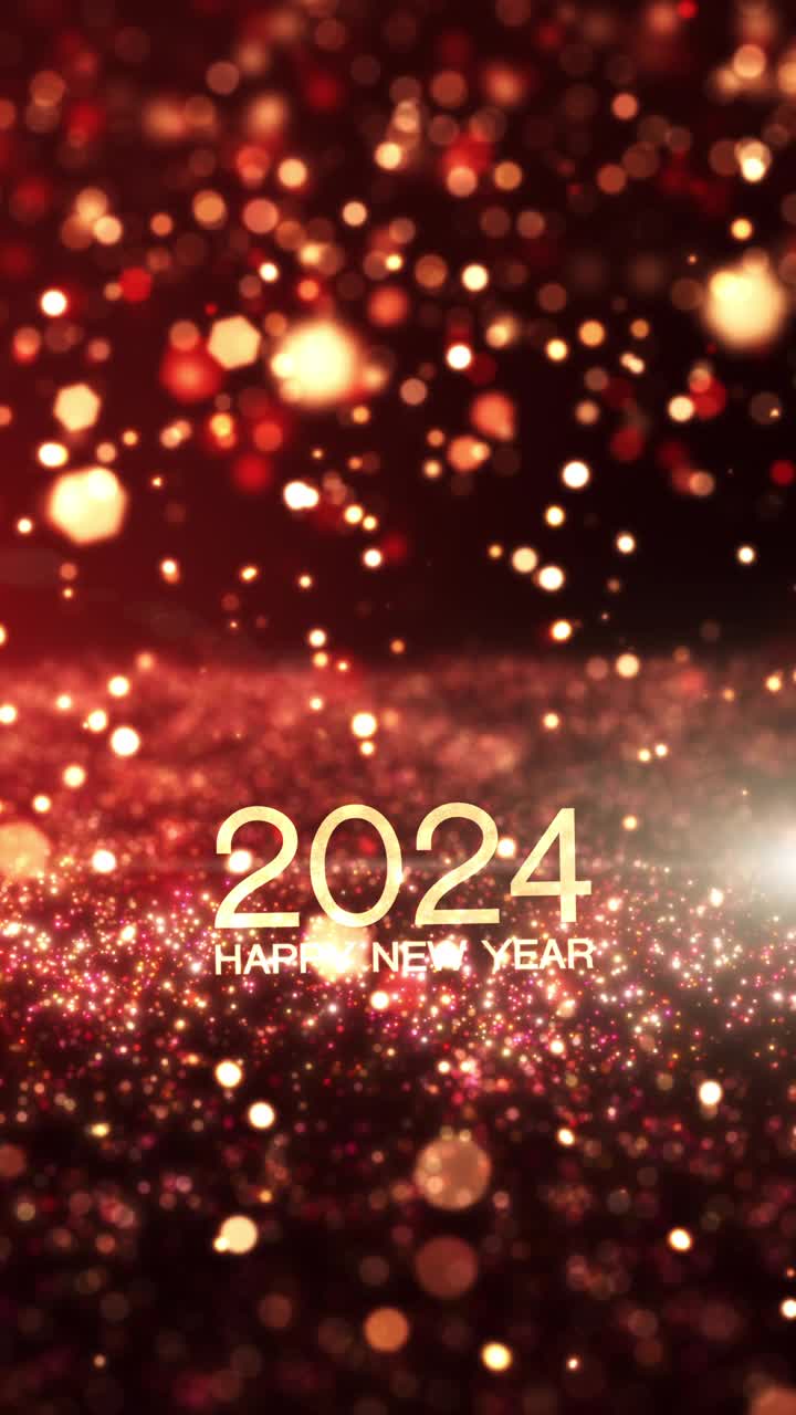 2023年新年快乐，红金粒子飞。闪闪发光的光束背景。垂直视频无缝循环。