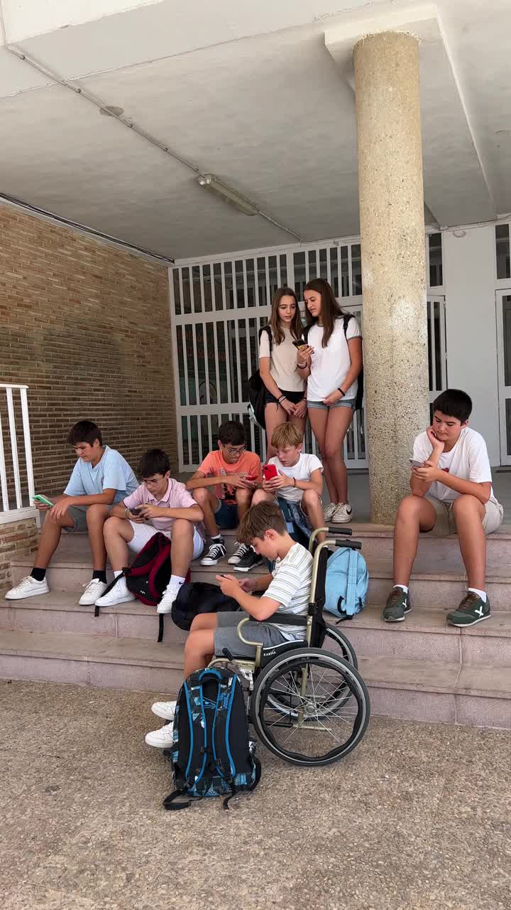 一群学生在校门口玩手机。