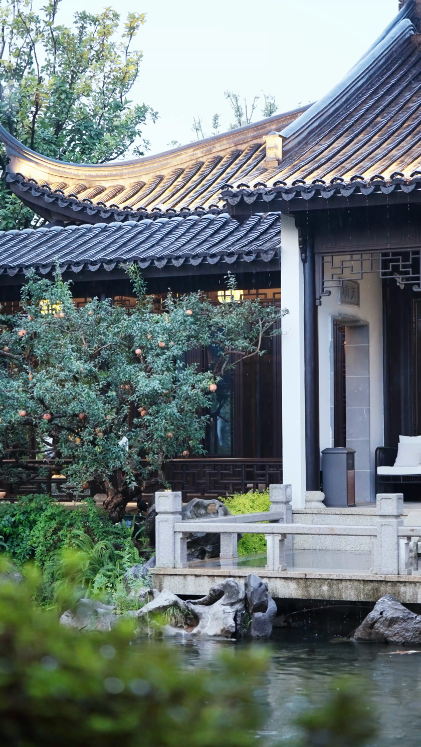 实拍下雨天传统中式园林古建筑亭子一角竖屏