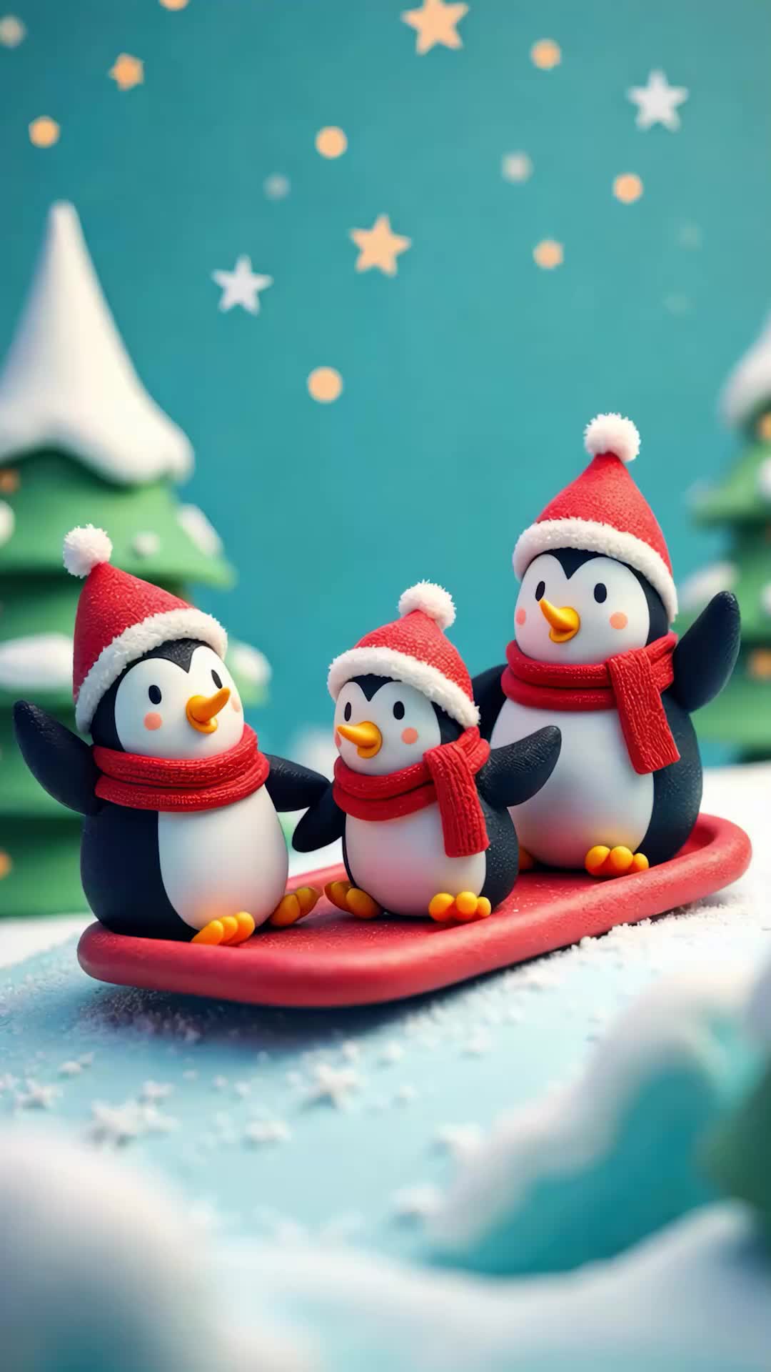 三只站在雪橇上的可爱企鹅3D动画