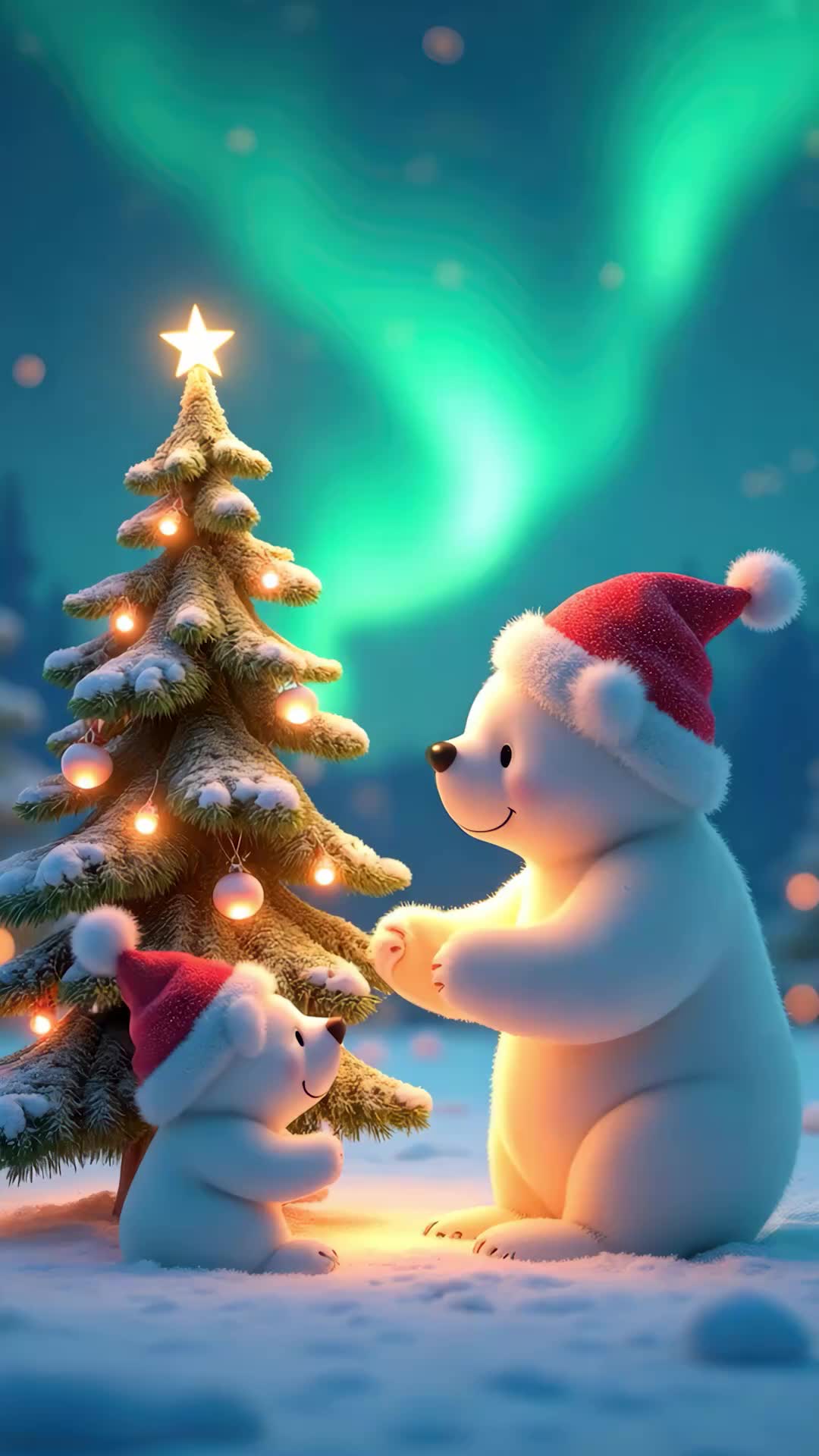 圣诞节雪地上的两只北极熊与圣诞树