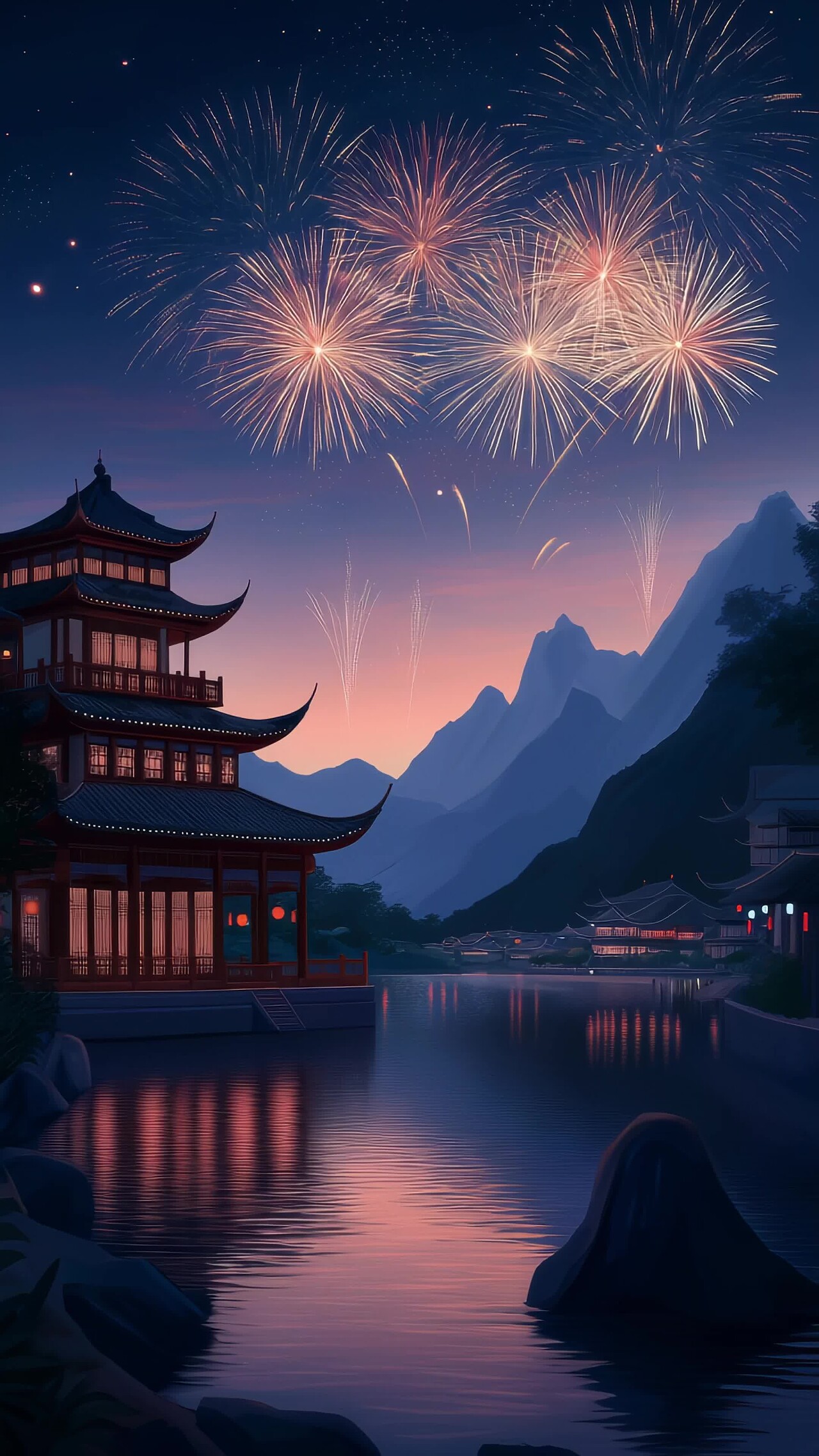 竖屏古代古风建筑夜晚夜景烟花绽放