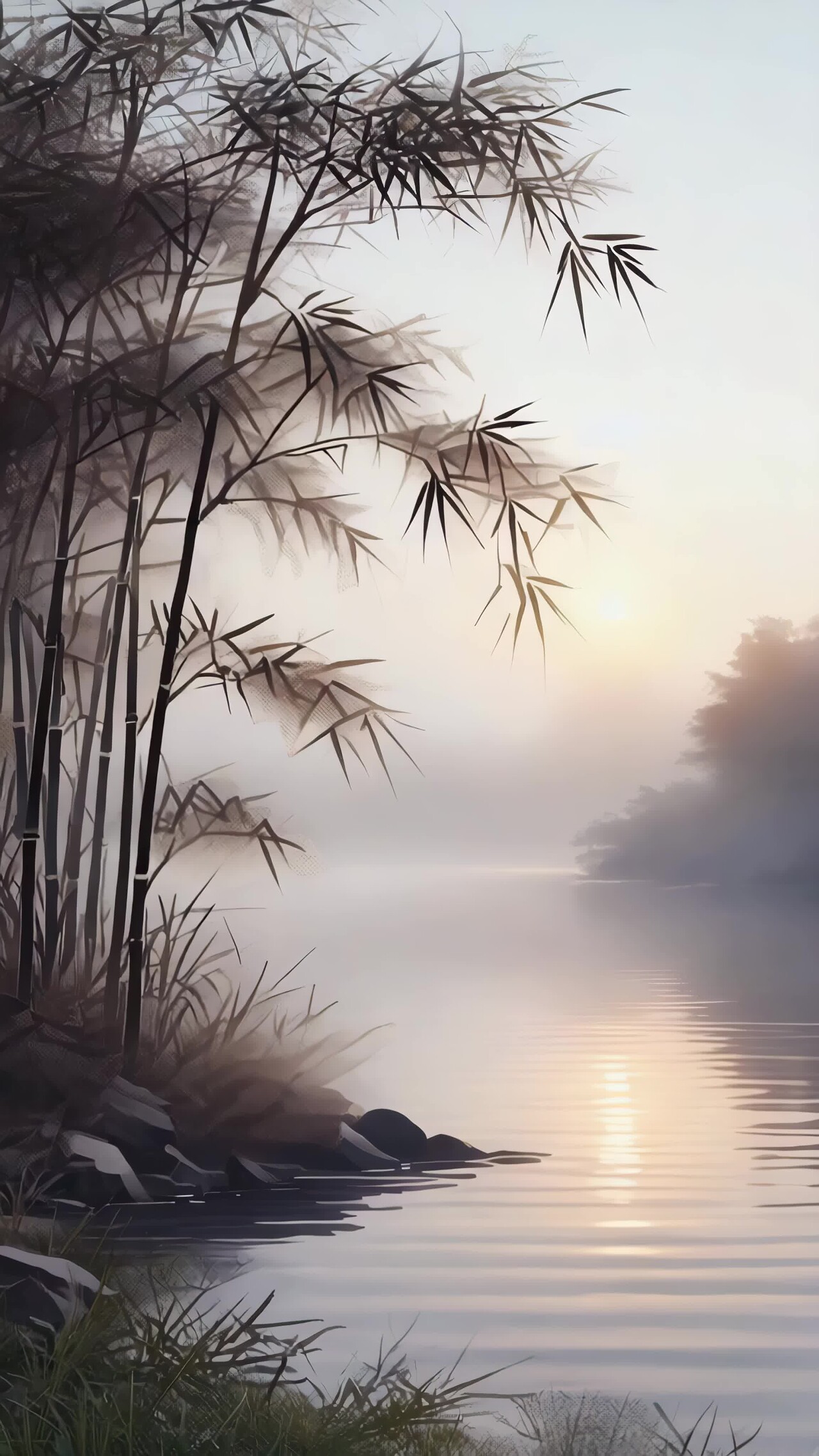 竖版视频竹林湖畔日出风光