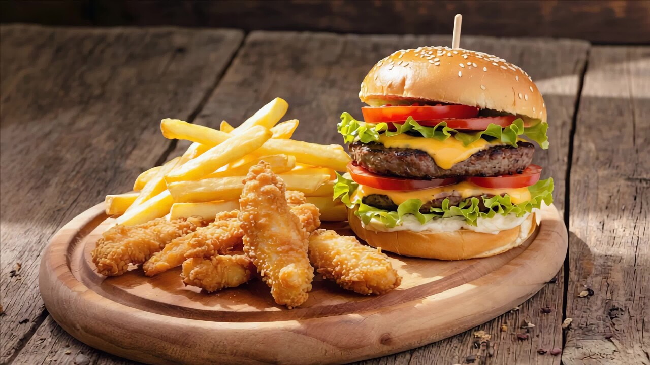 木盘上的汉堡薯条与炸鸡块