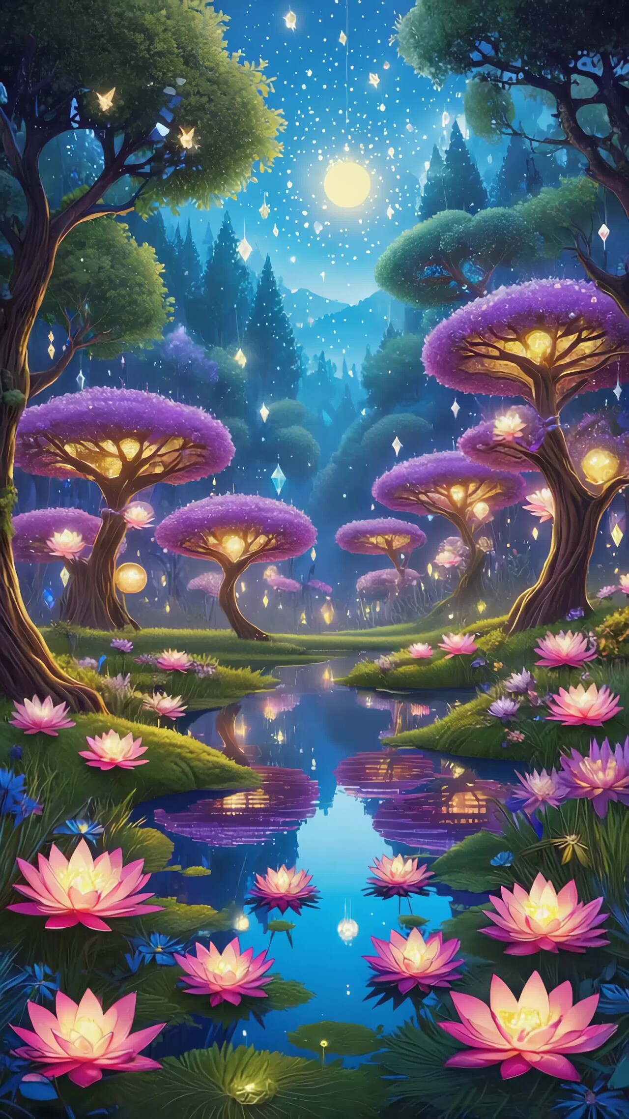 竖版视频梦幻月夜森林湖景