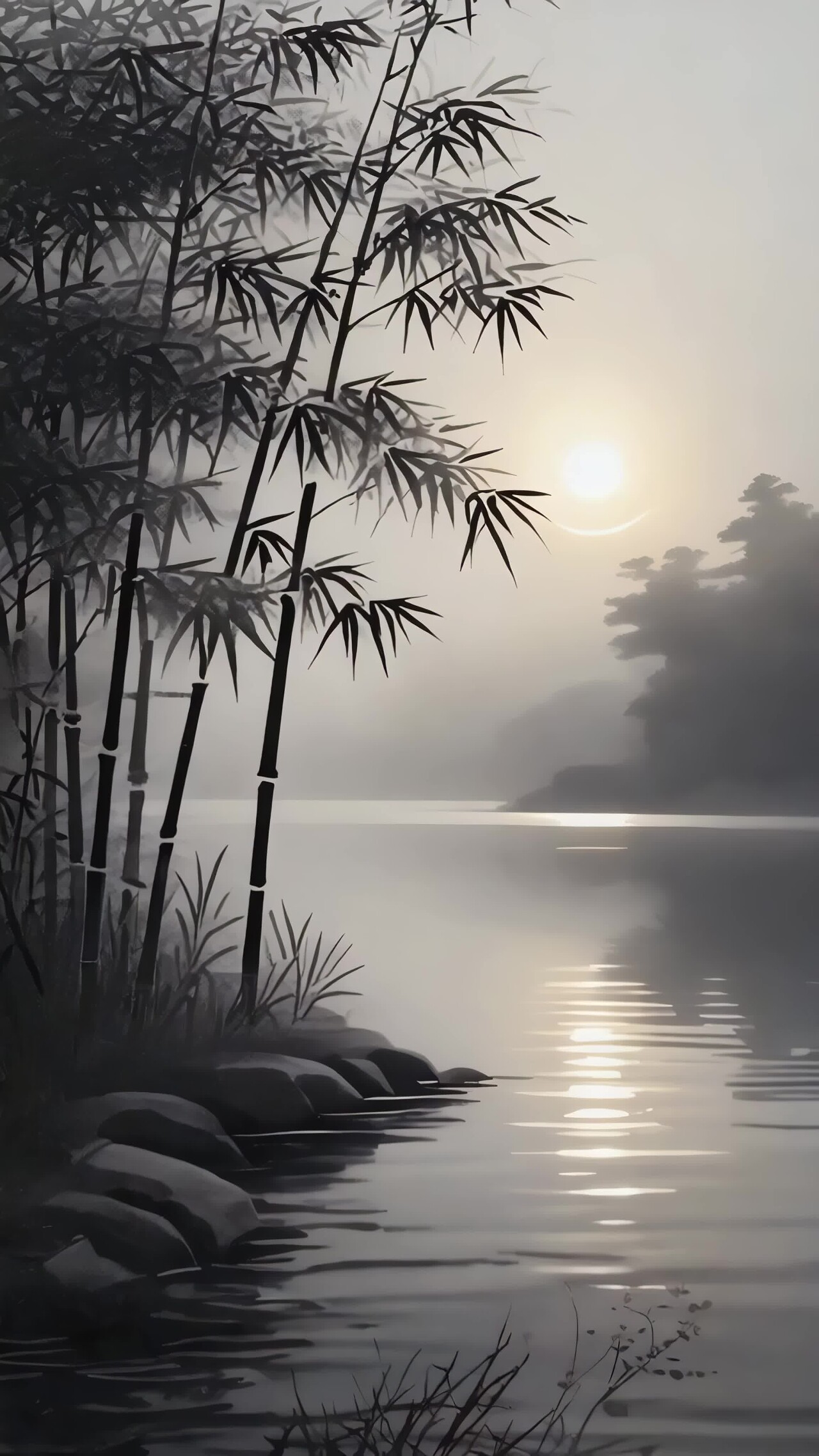 竖版视频水墨竹林湖畔落日景象