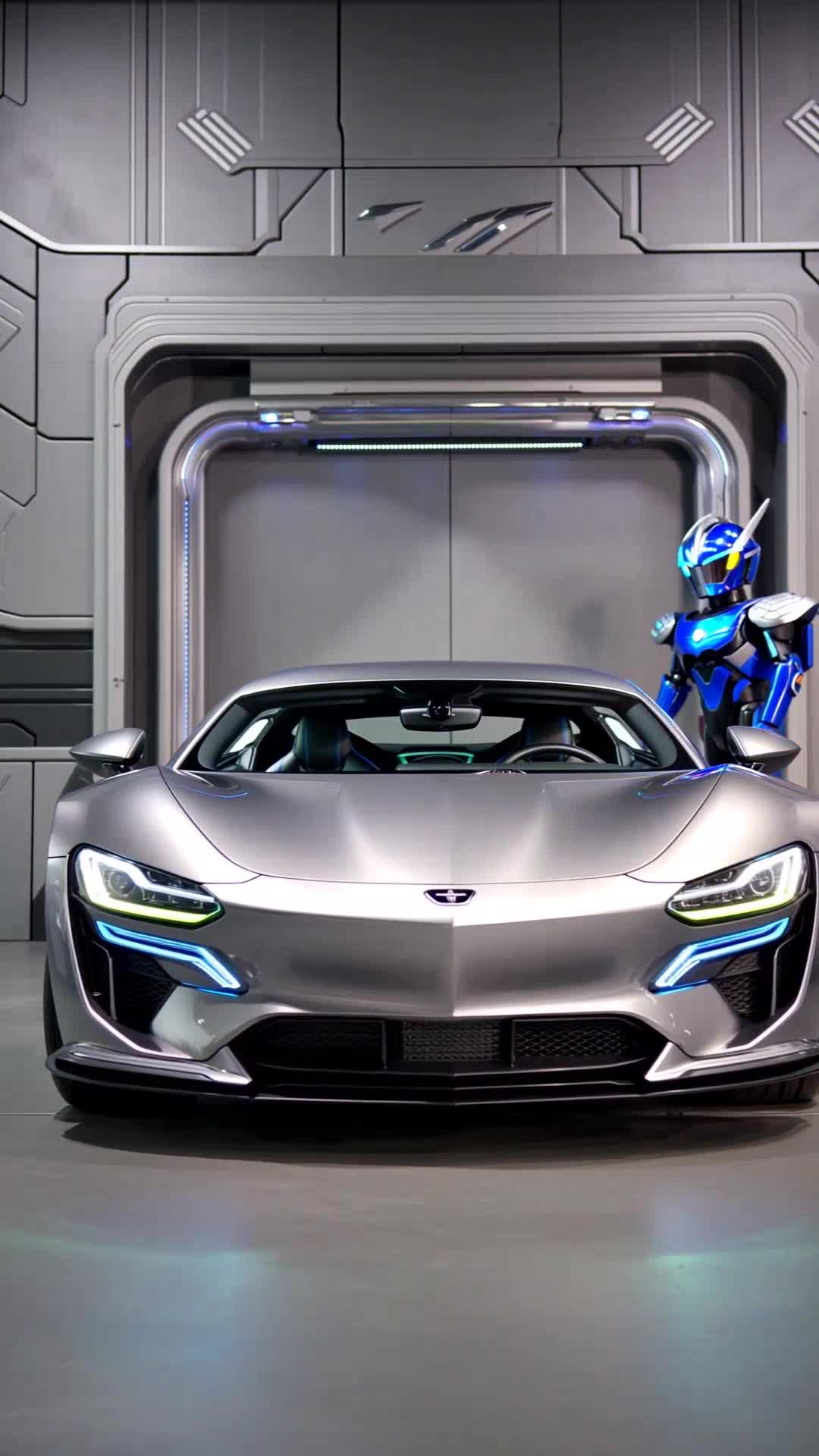 未来钛金属质感汽车与人形机器人直接入户视频动画