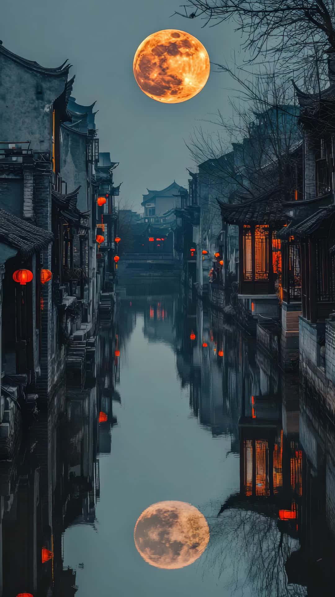 江南水乡月夜古建筑景观
