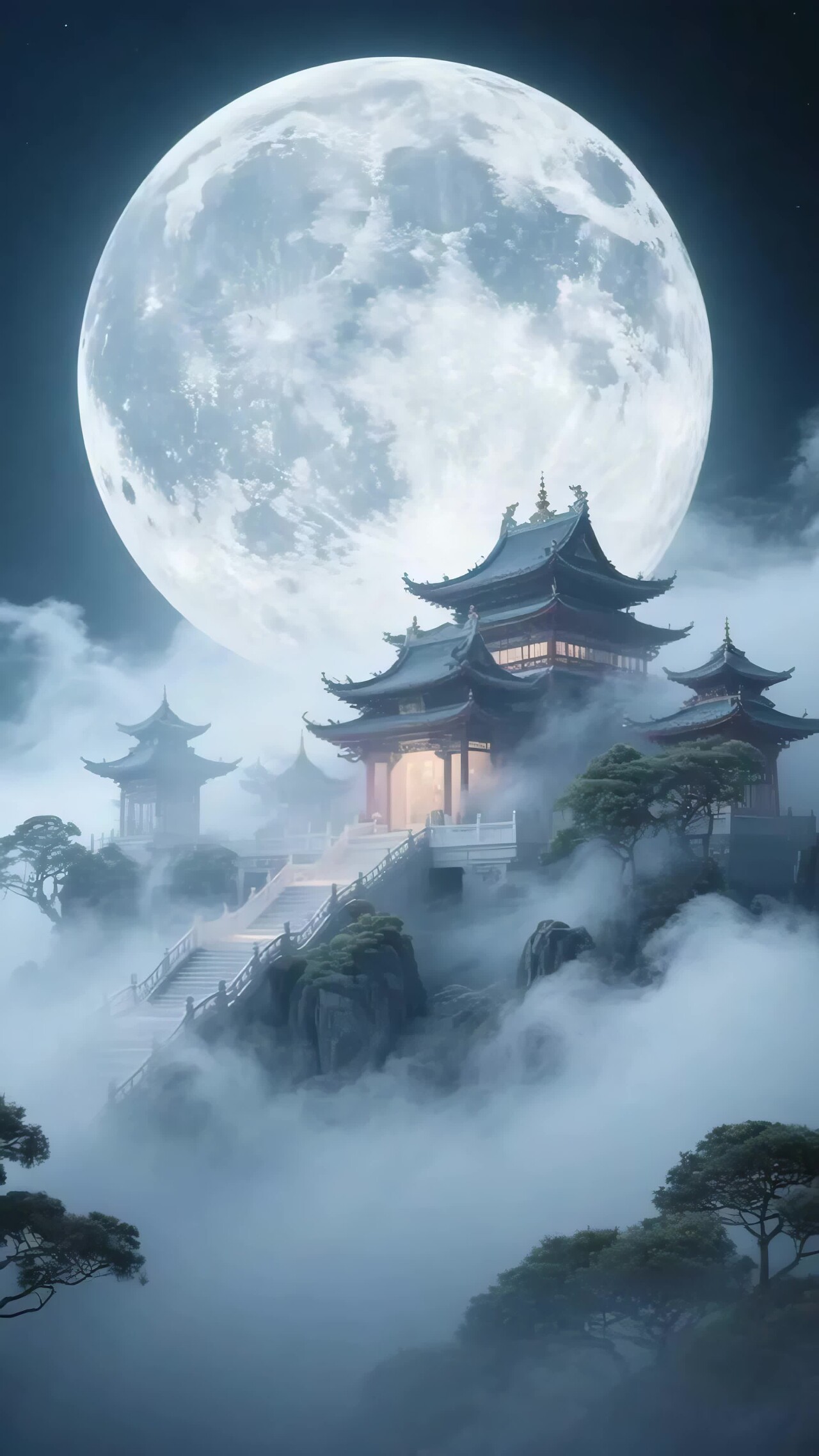 古风楼阁月夜云雾景观竖版视频