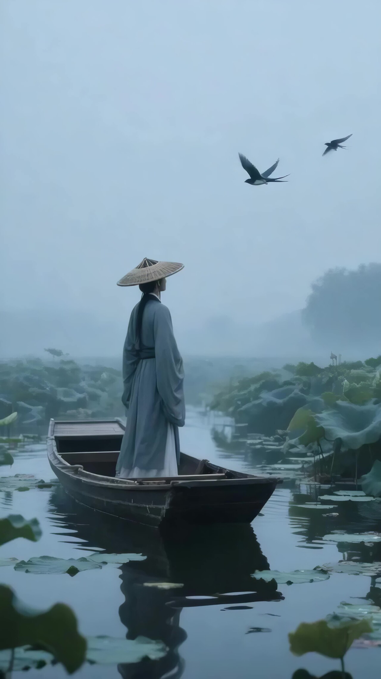 古风人物荷塘泛舟场景竖版视频