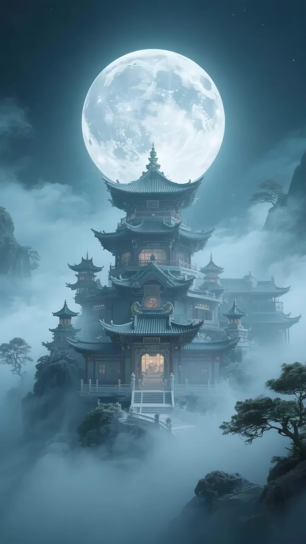 月夜下的古风楼阁景观竖版视频