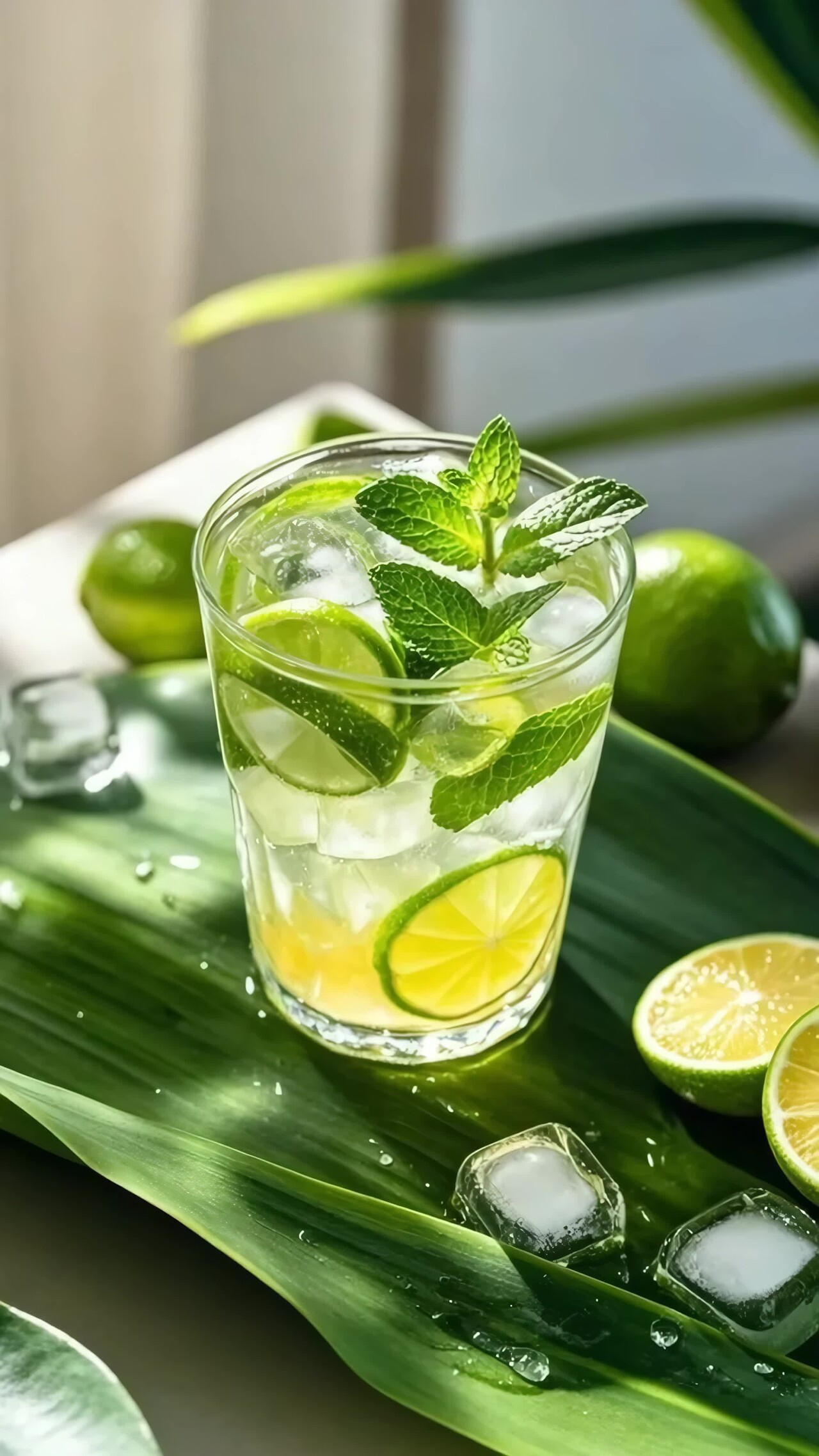 玻璃杯装柠檬薄荷冰饮竖版视频
