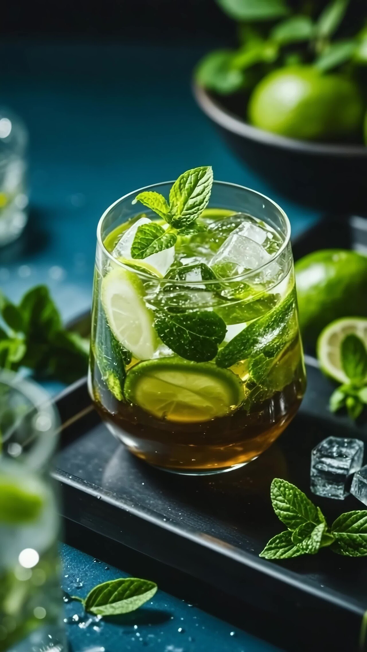 玻璃杯中的薄荷柠檬冰饮竖版视频