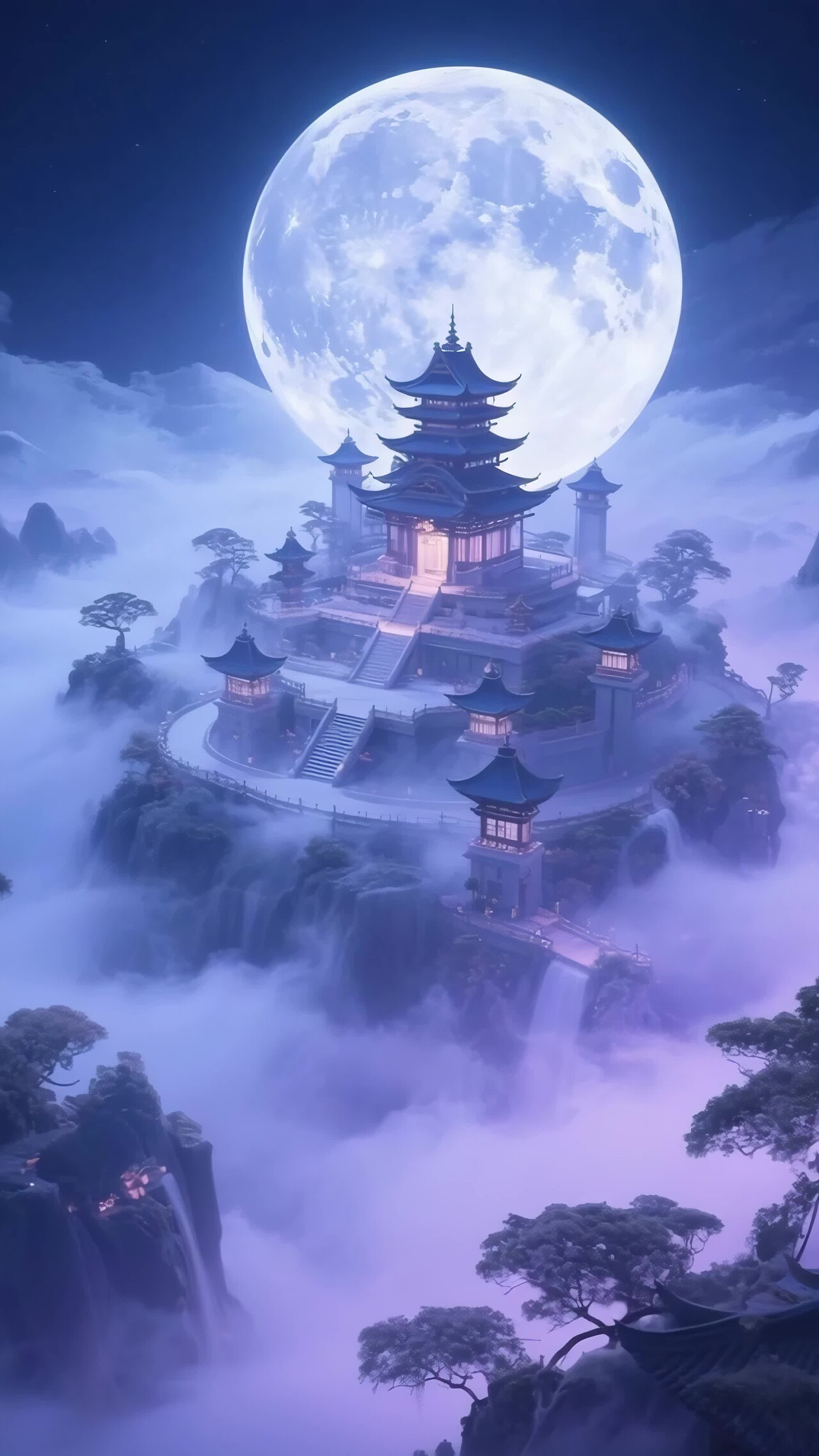 古风楼阁月夜全景竖版视频