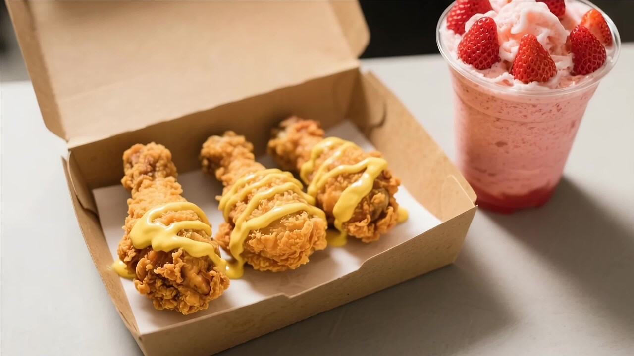 盒装炸鸡腿与草莓饮品