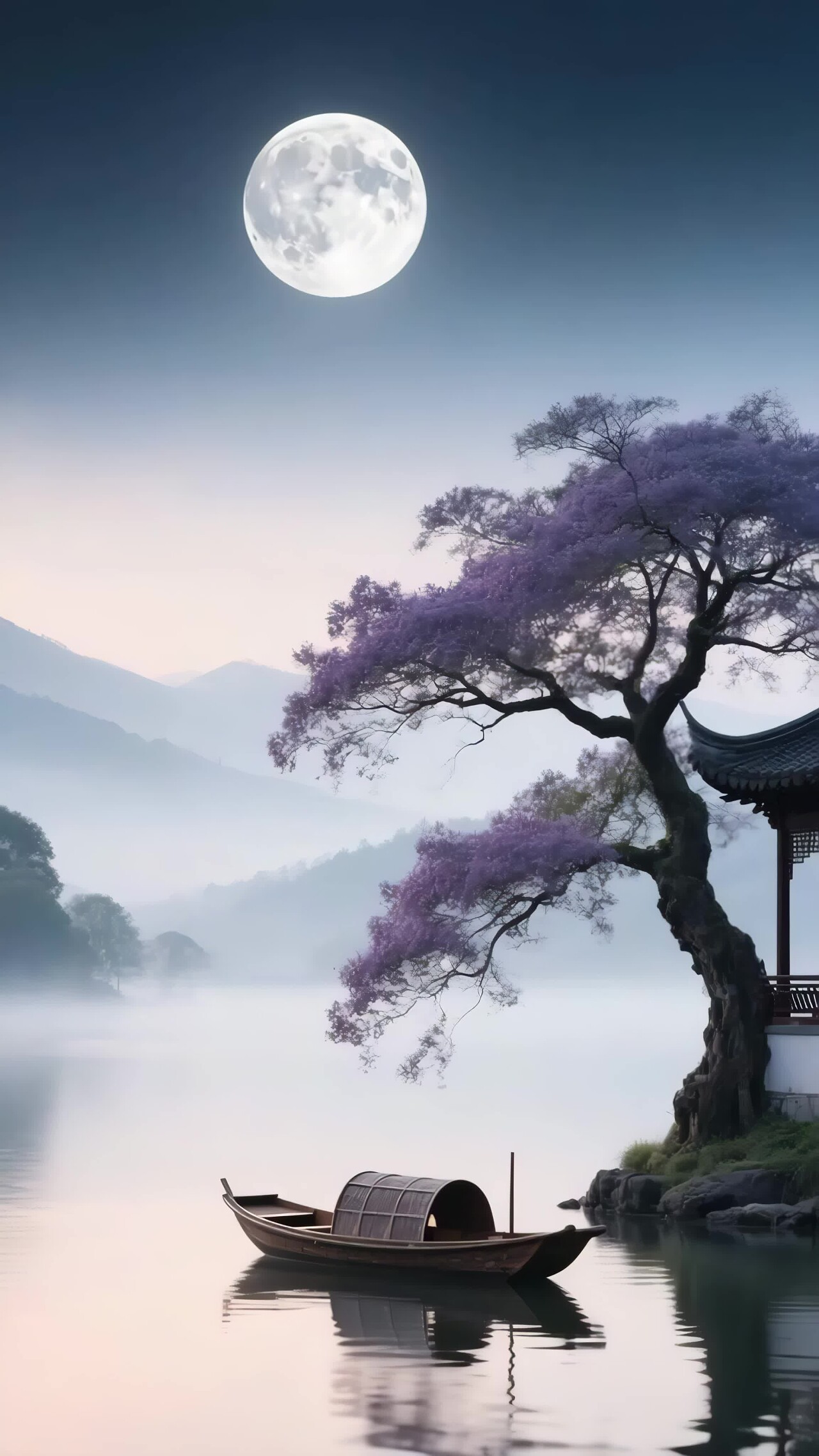 月夜古风湖畔小船风景竖版视频