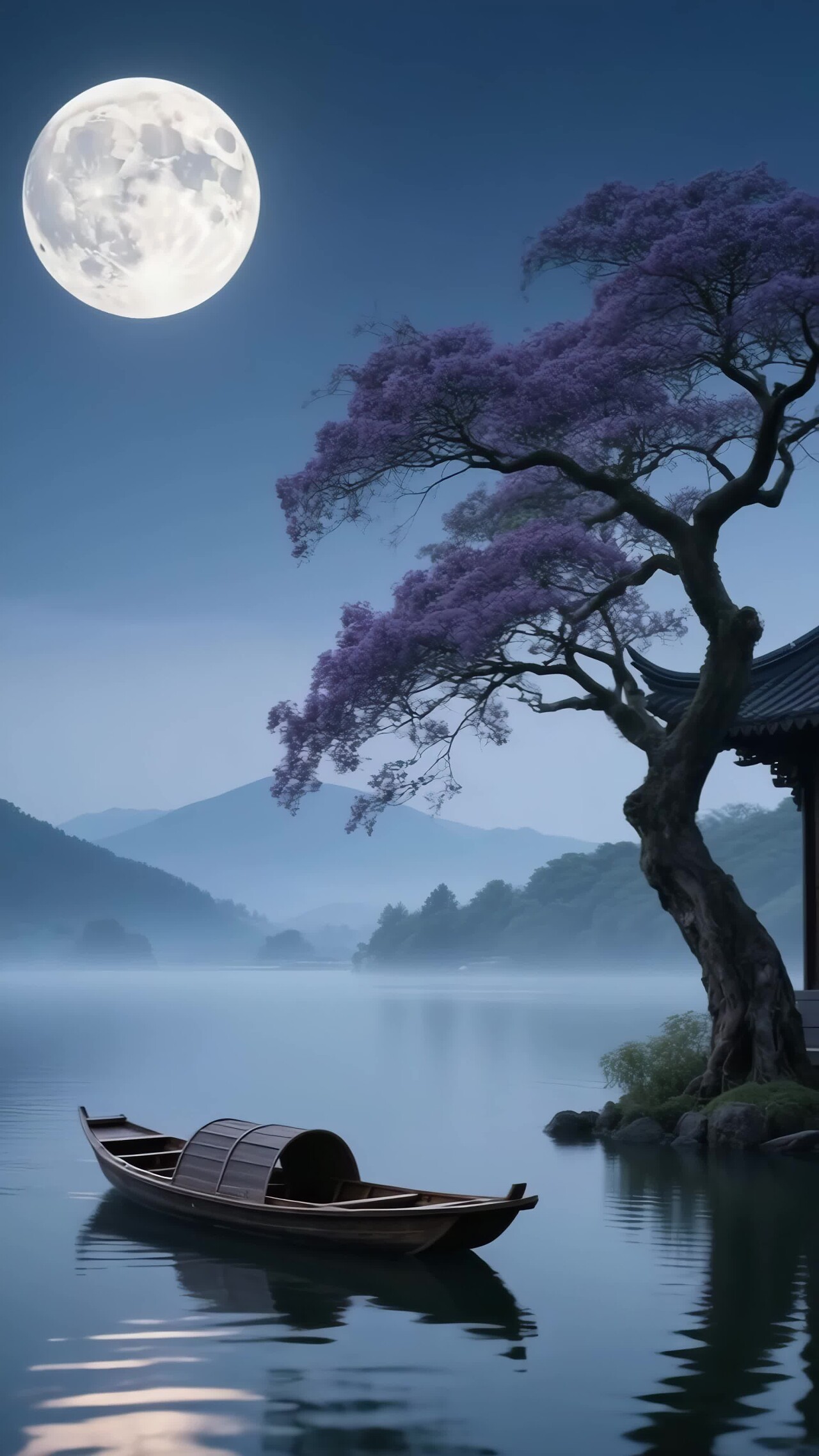 月夜湖面古风小船与树景观竖版视频