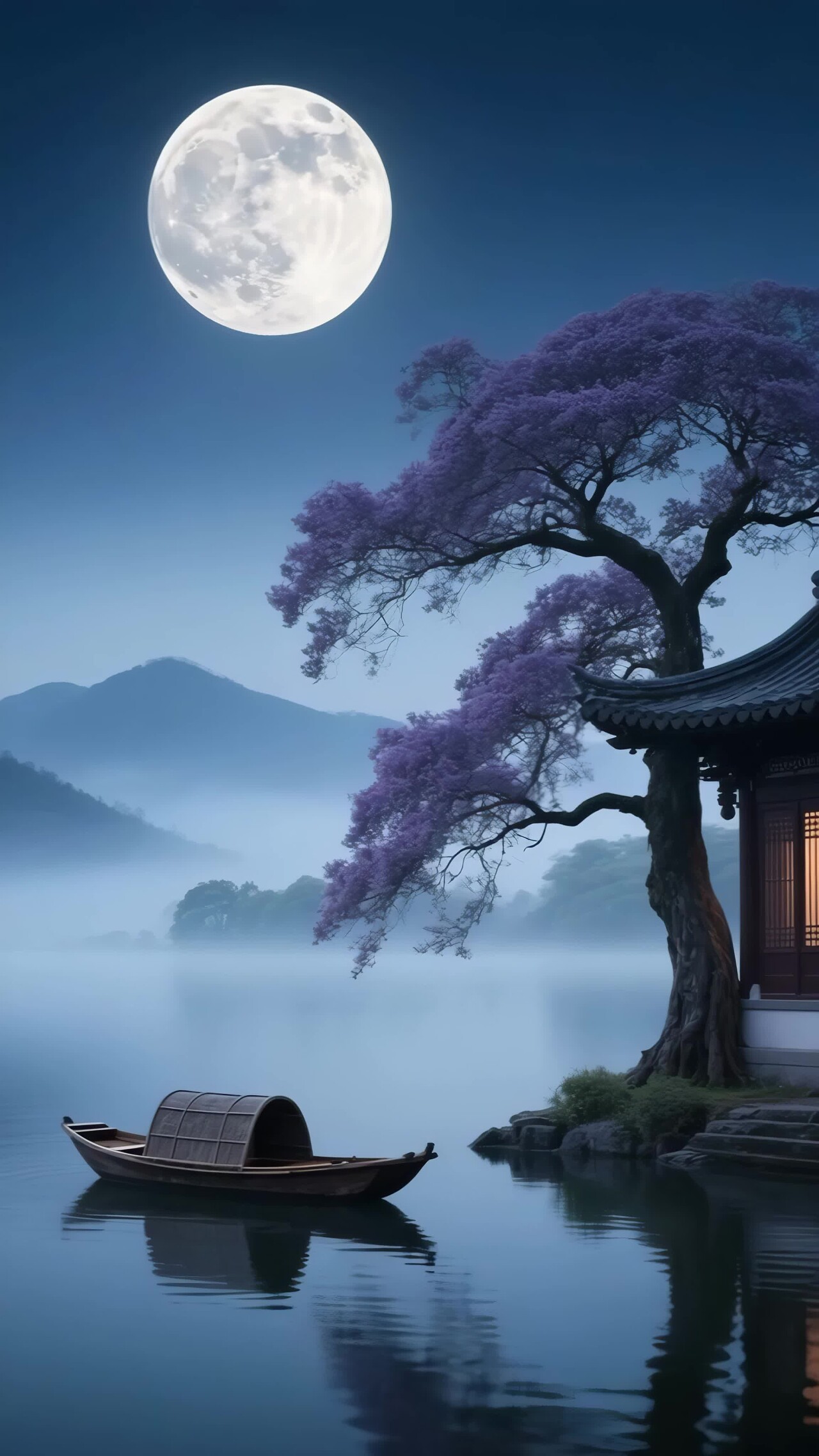 月夜古风湖景小船画面竖版视频