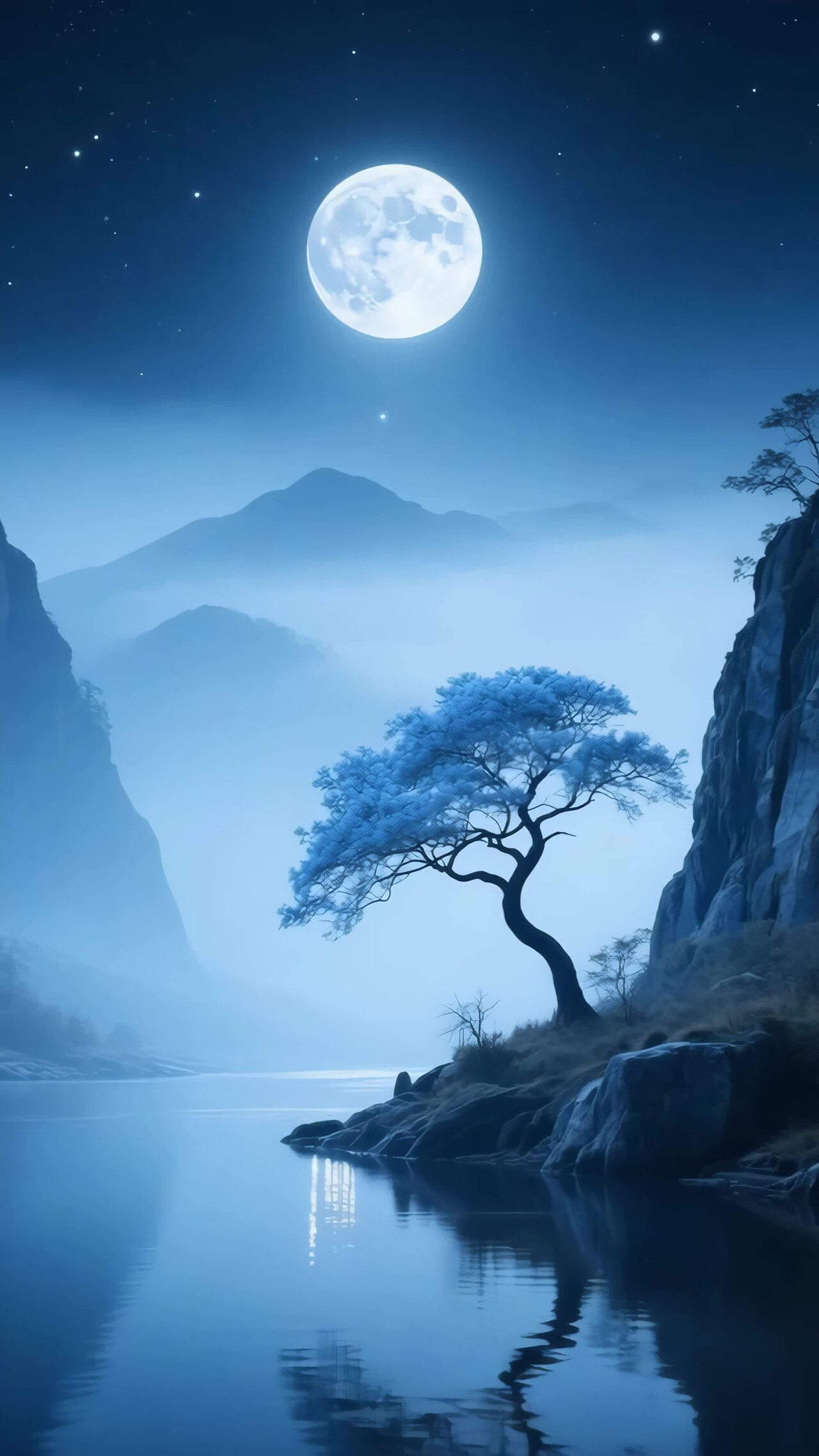 月夜山水风景竖版视频