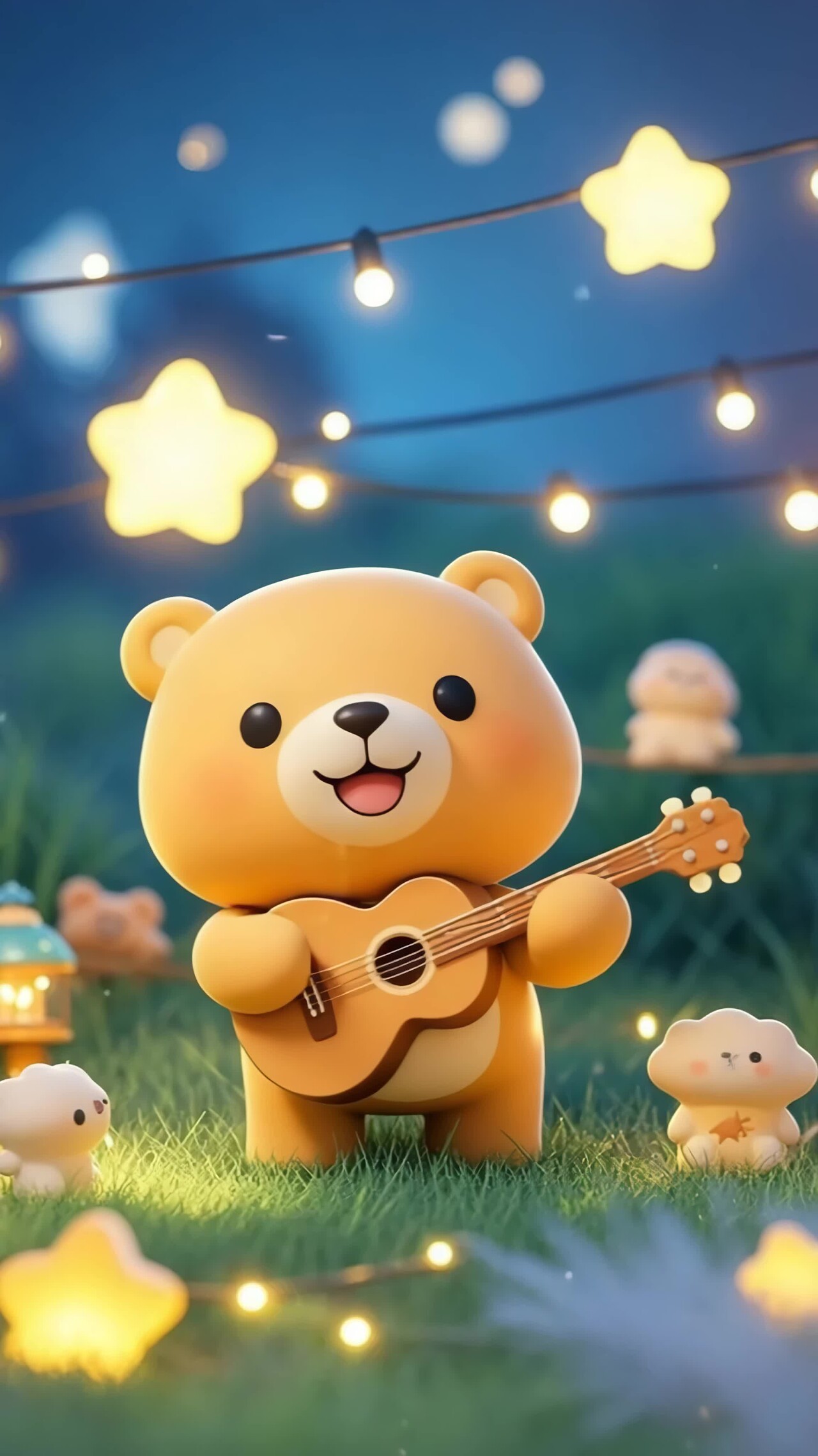 小熊弹奏吉他3D动画场景竖版视频