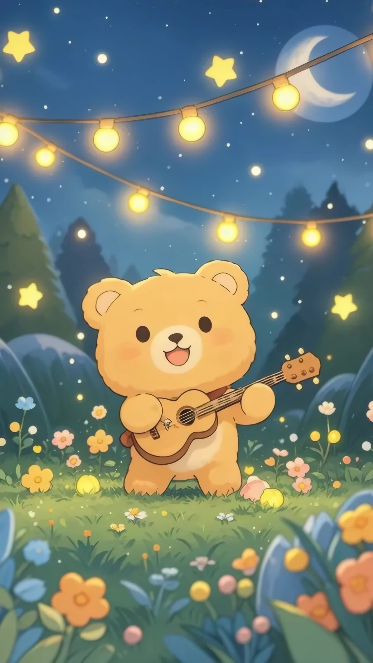 卡通小熊夜晚草地弹吉他竖版视频
