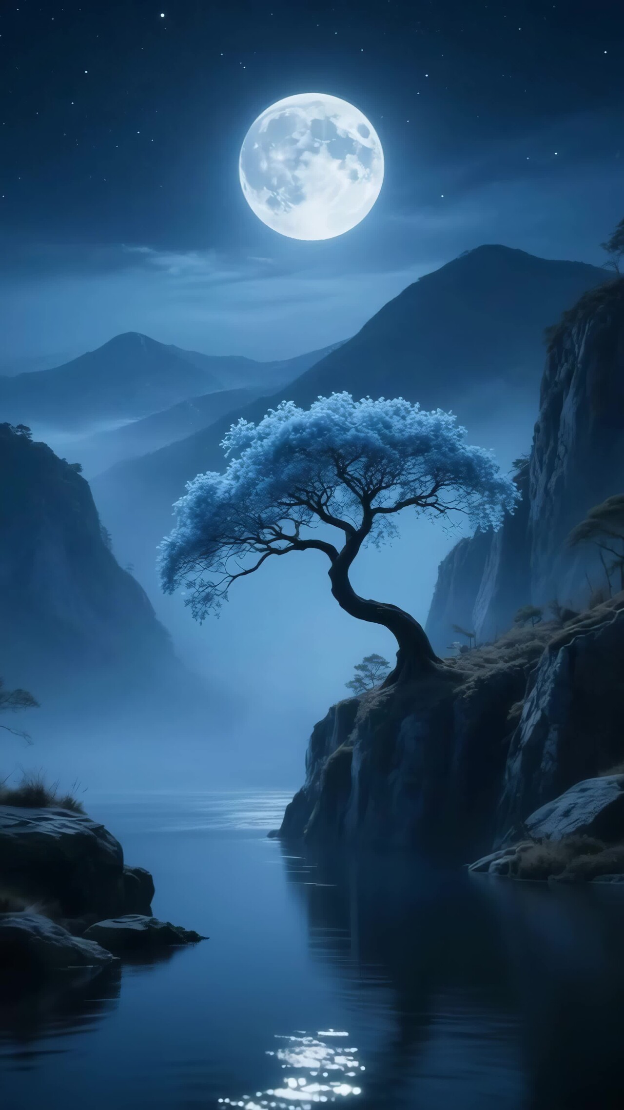 月夜下山水间的孤树景观竖版视频