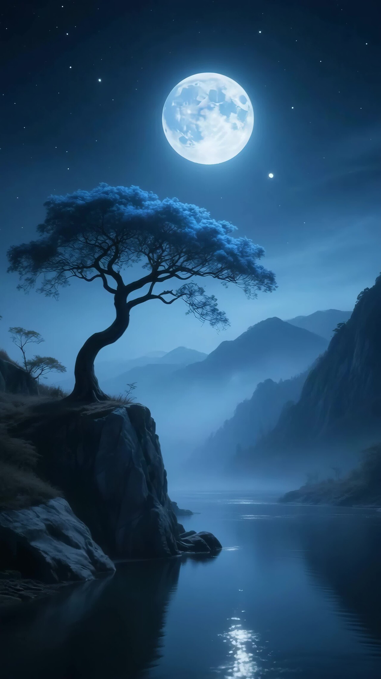 月夜下悬崖孤树山水景色竖版视频