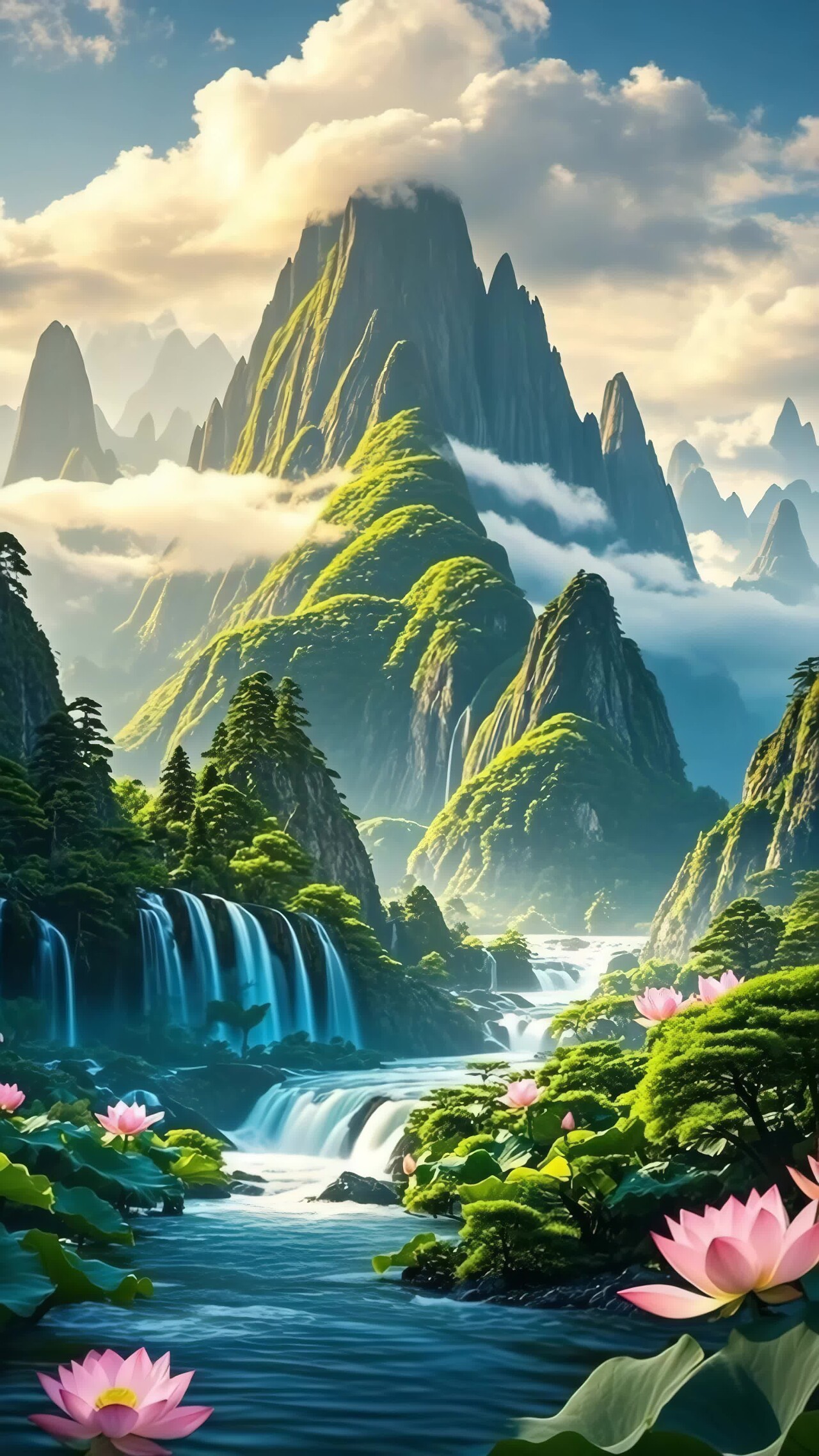 山水瀑布莲花唯美自然景观竖版视频