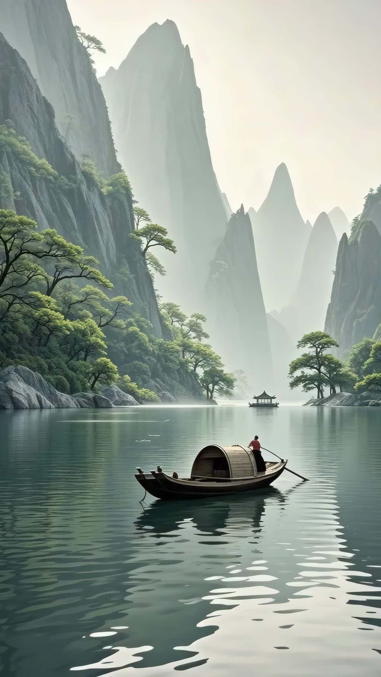 中式山水撑船画面竖版视频