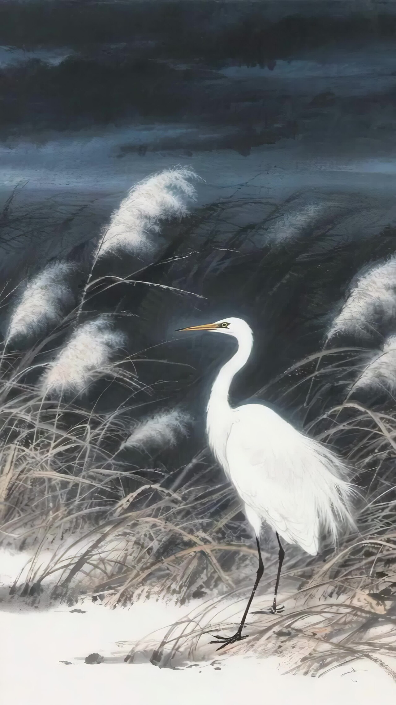 水墨风格白鹭于芦苇间竖版视频