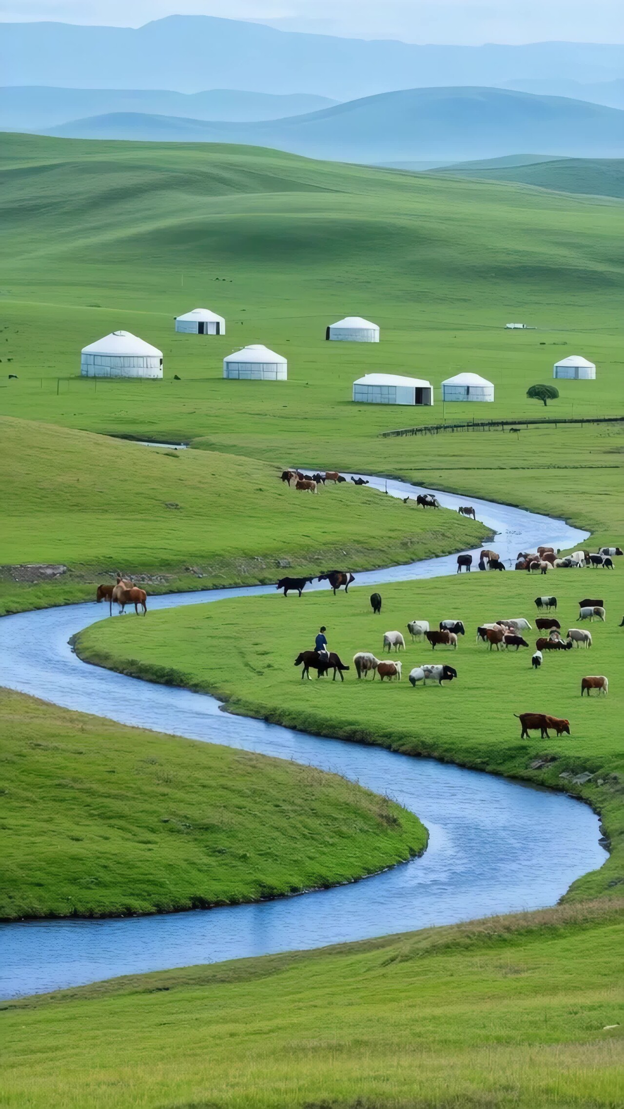 草原牧场景色与牧人牲畜竖版视频