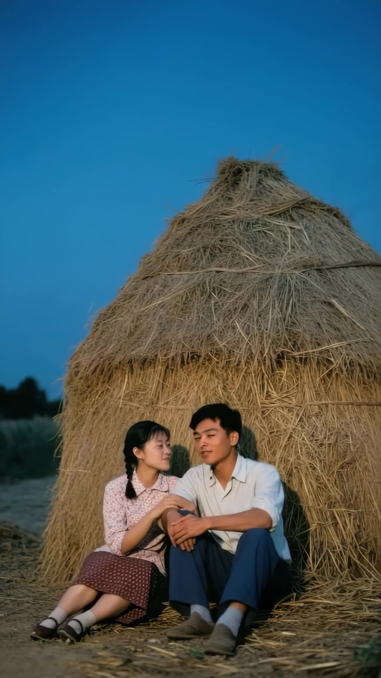 情侣草垛旁依偎对视竖版视频