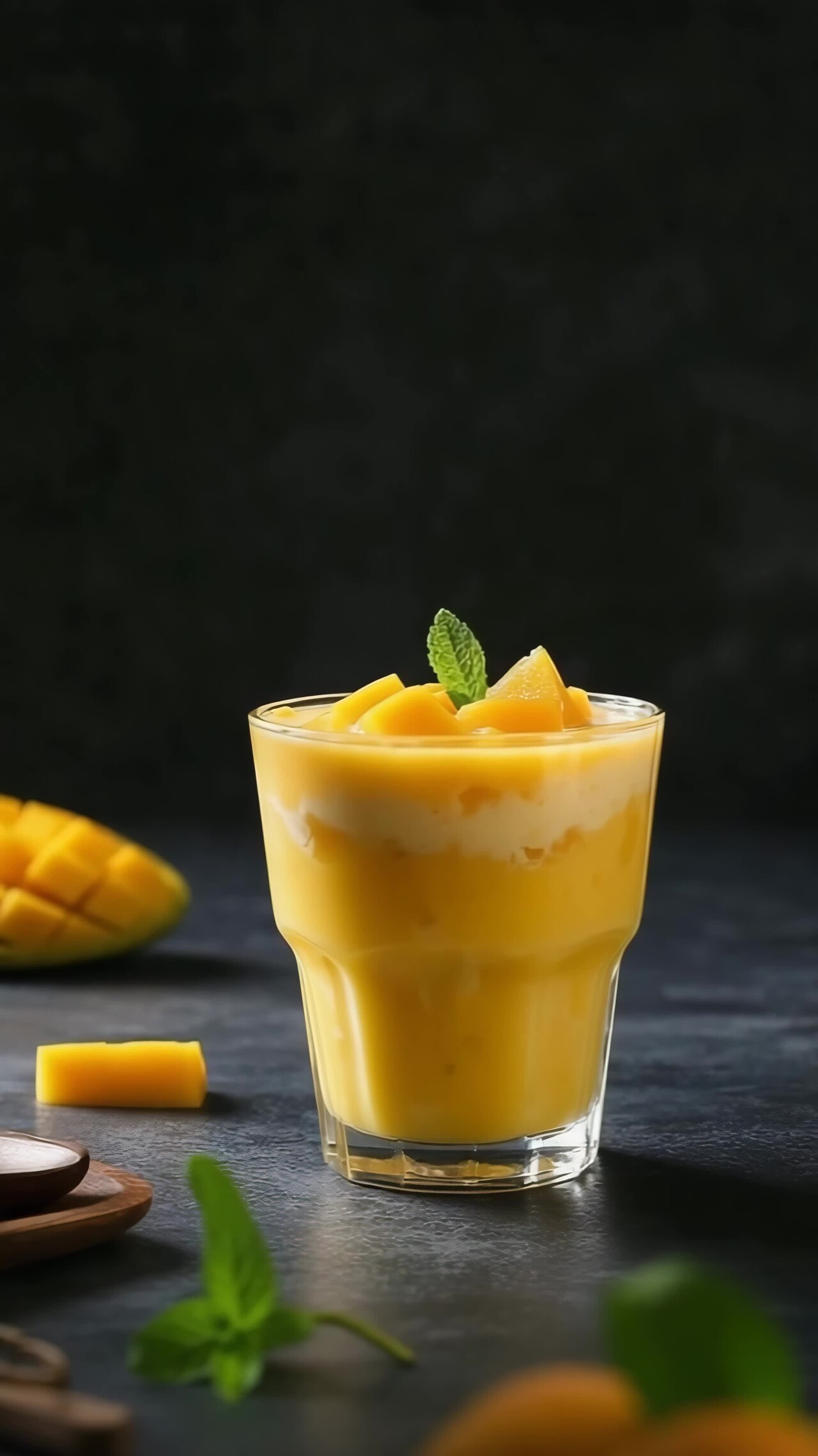 玻璃杯装芒果饮品特写竖版视频