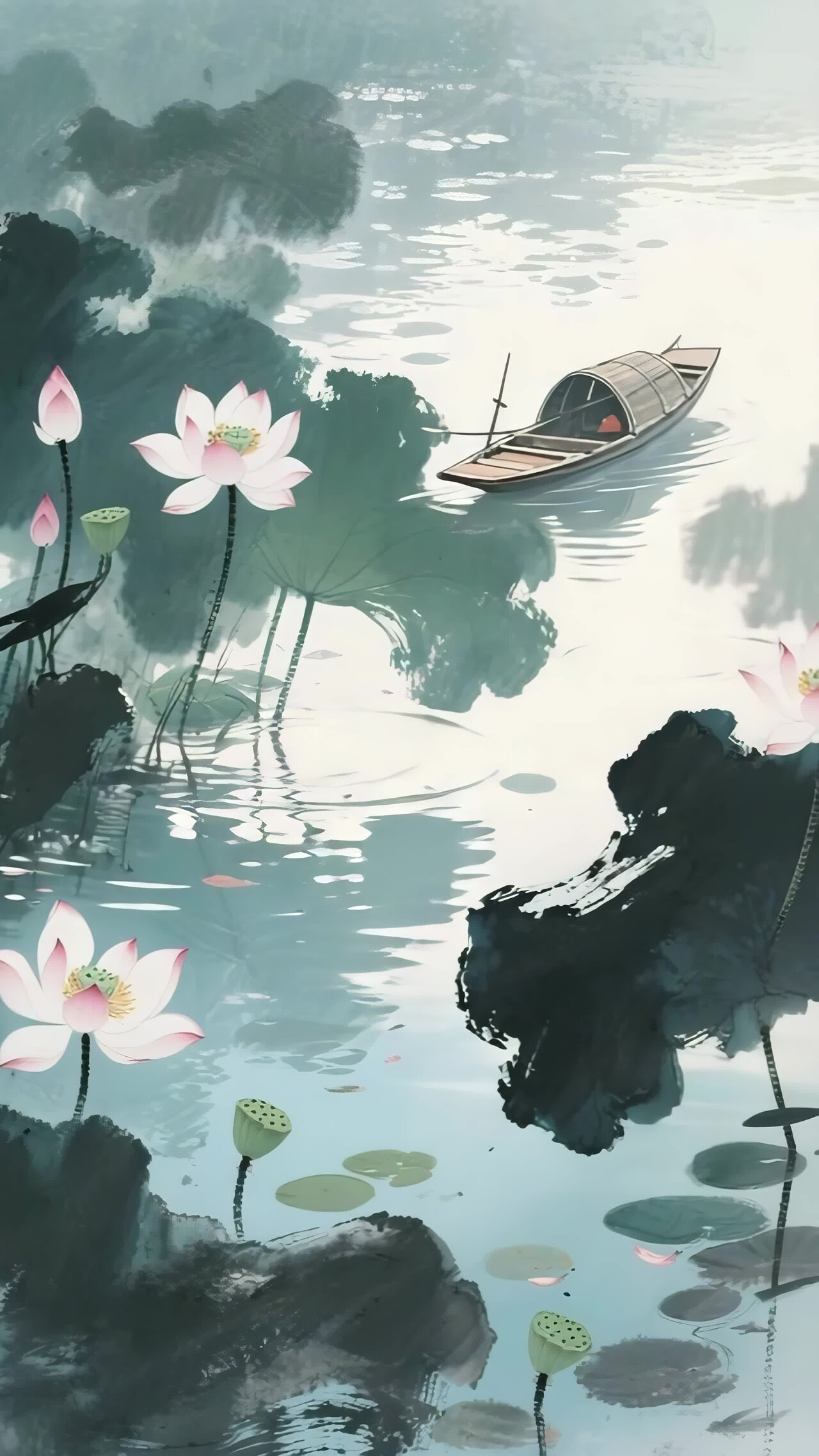 水墨风荷花小船景致竖版视频