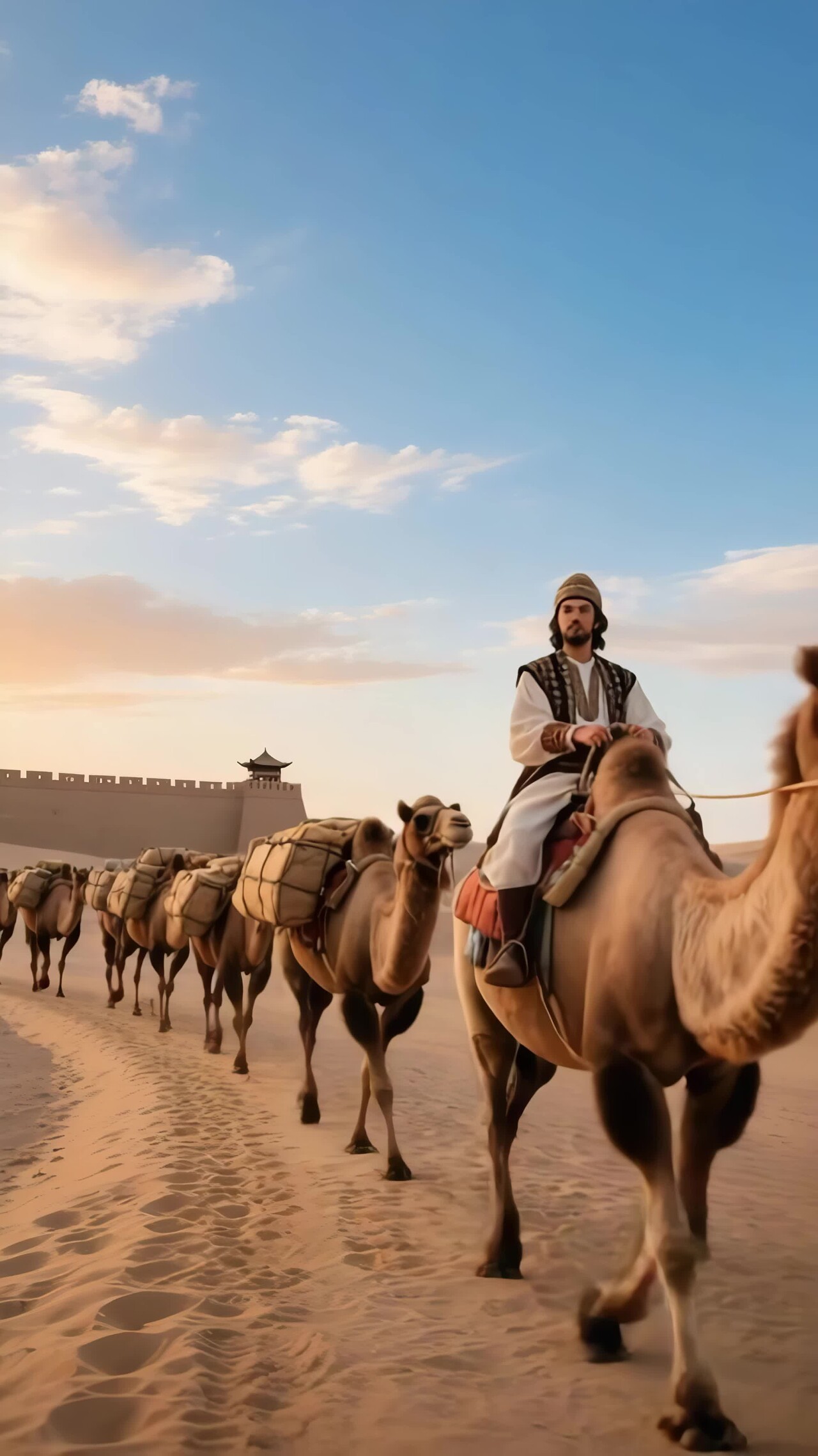 沙漠中男子骑骆驼前行竖版视频