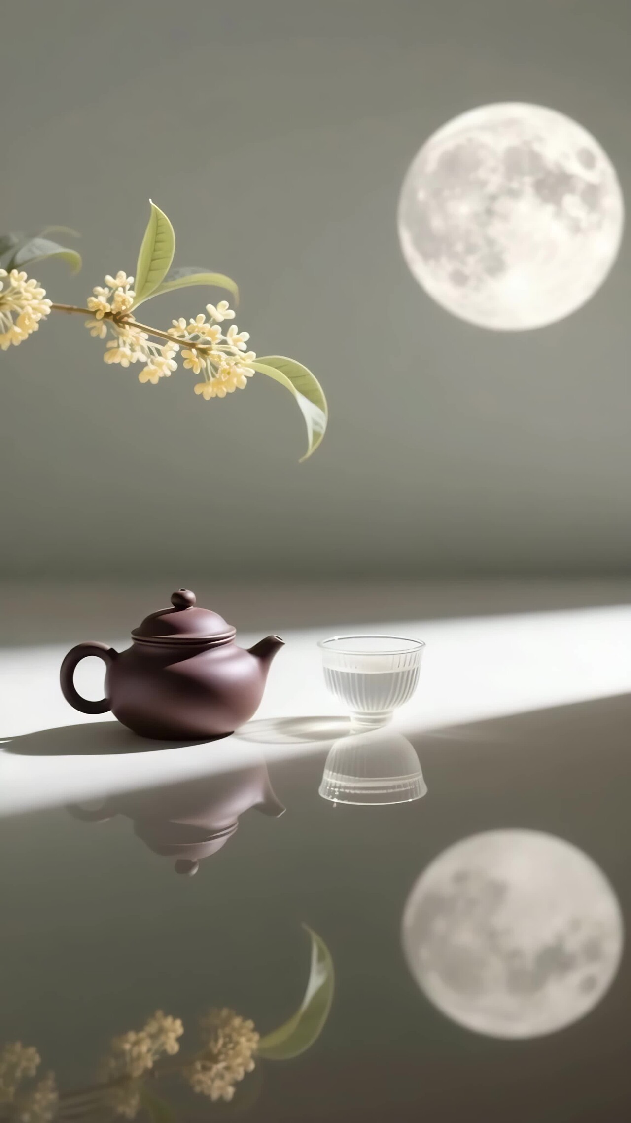 中秋月下茶壶茶杯与桂花竖版视频