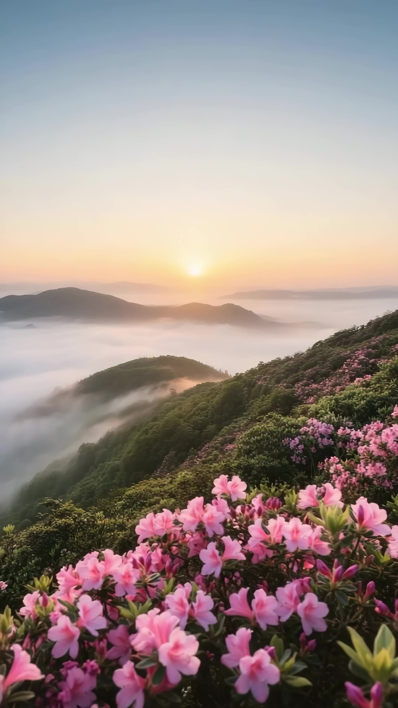 山间云海日出与盛开杜鹃花竖版视频