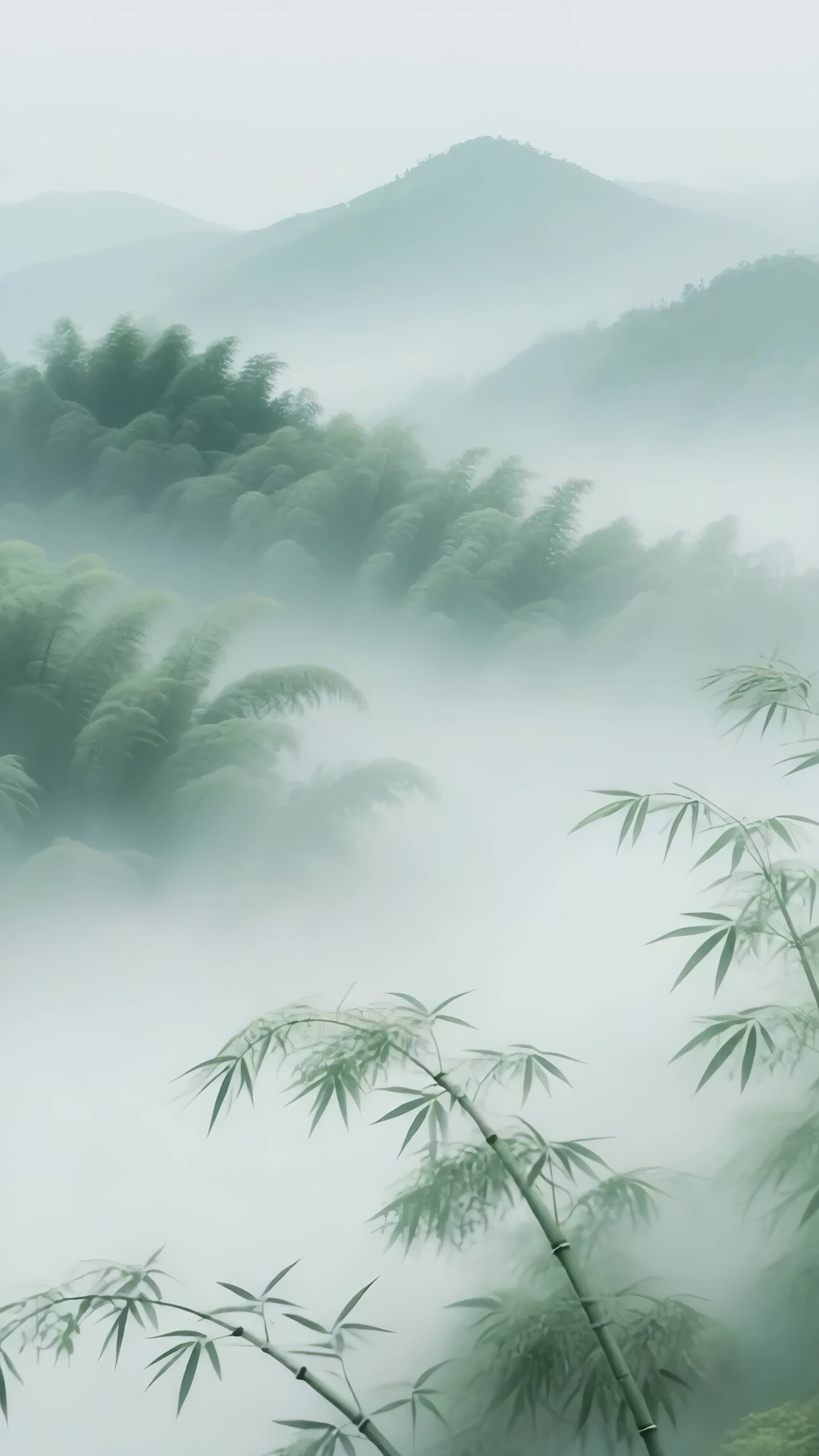 雾中竹林与远山景观竖版视频
