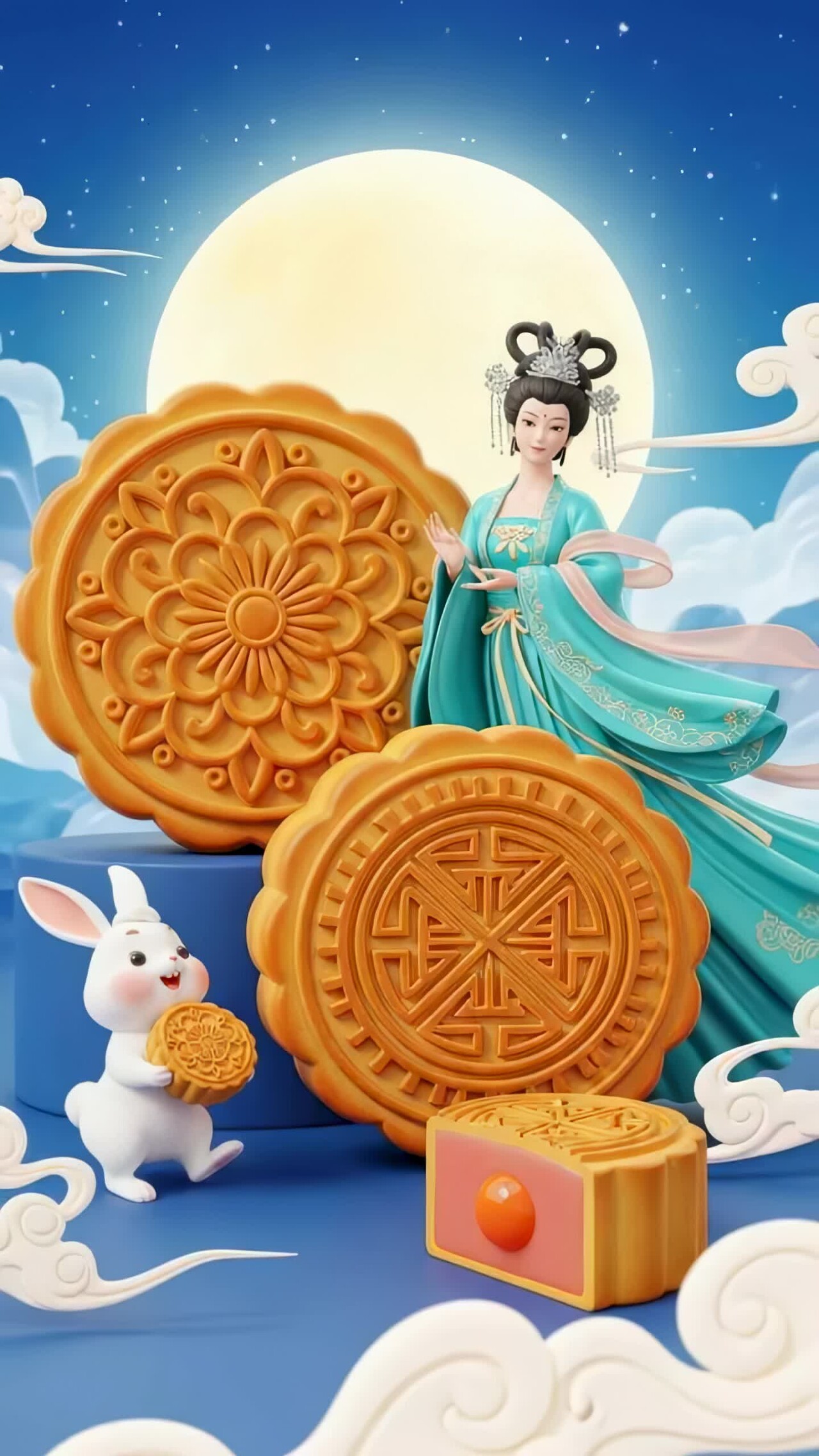 嫦娥玉兔中秋月饼3D竖屏背景动画