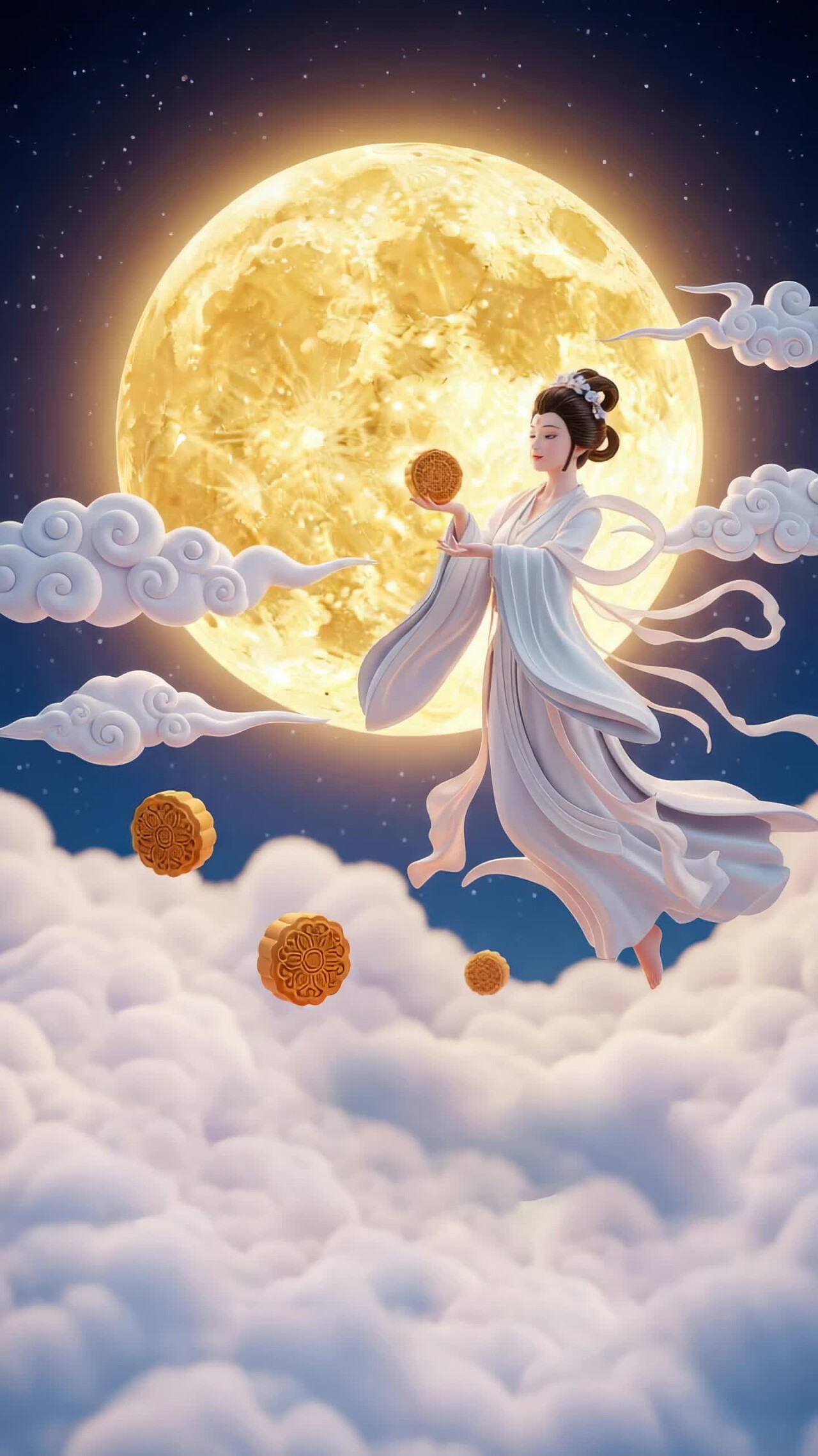 古风嫦娥持月饼伴圆月D竖屏背景动画