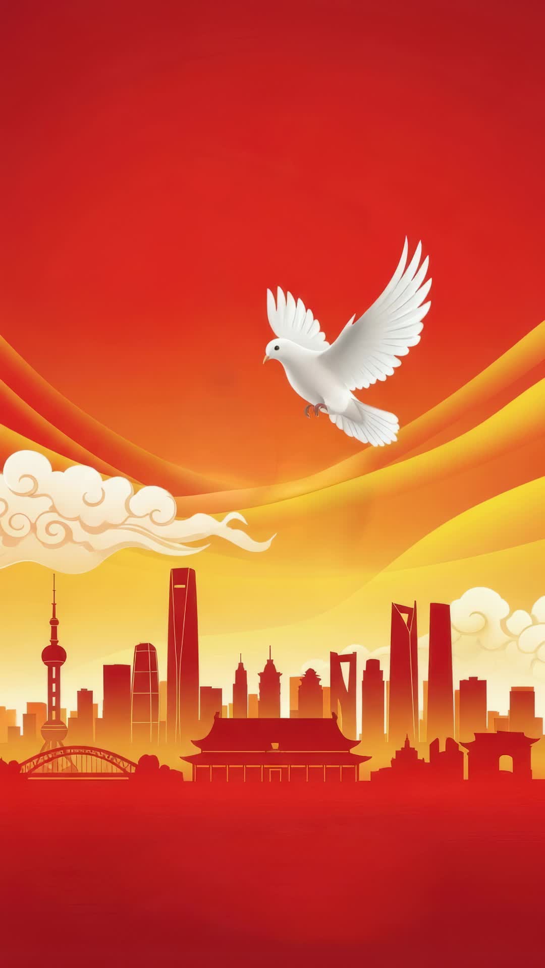 和平鸽飞翔在城市建筑竖屏背景动画