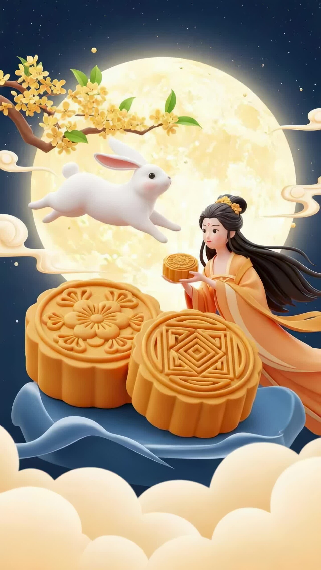 中秋佳节玉兔赏月3D竖屏背景动画