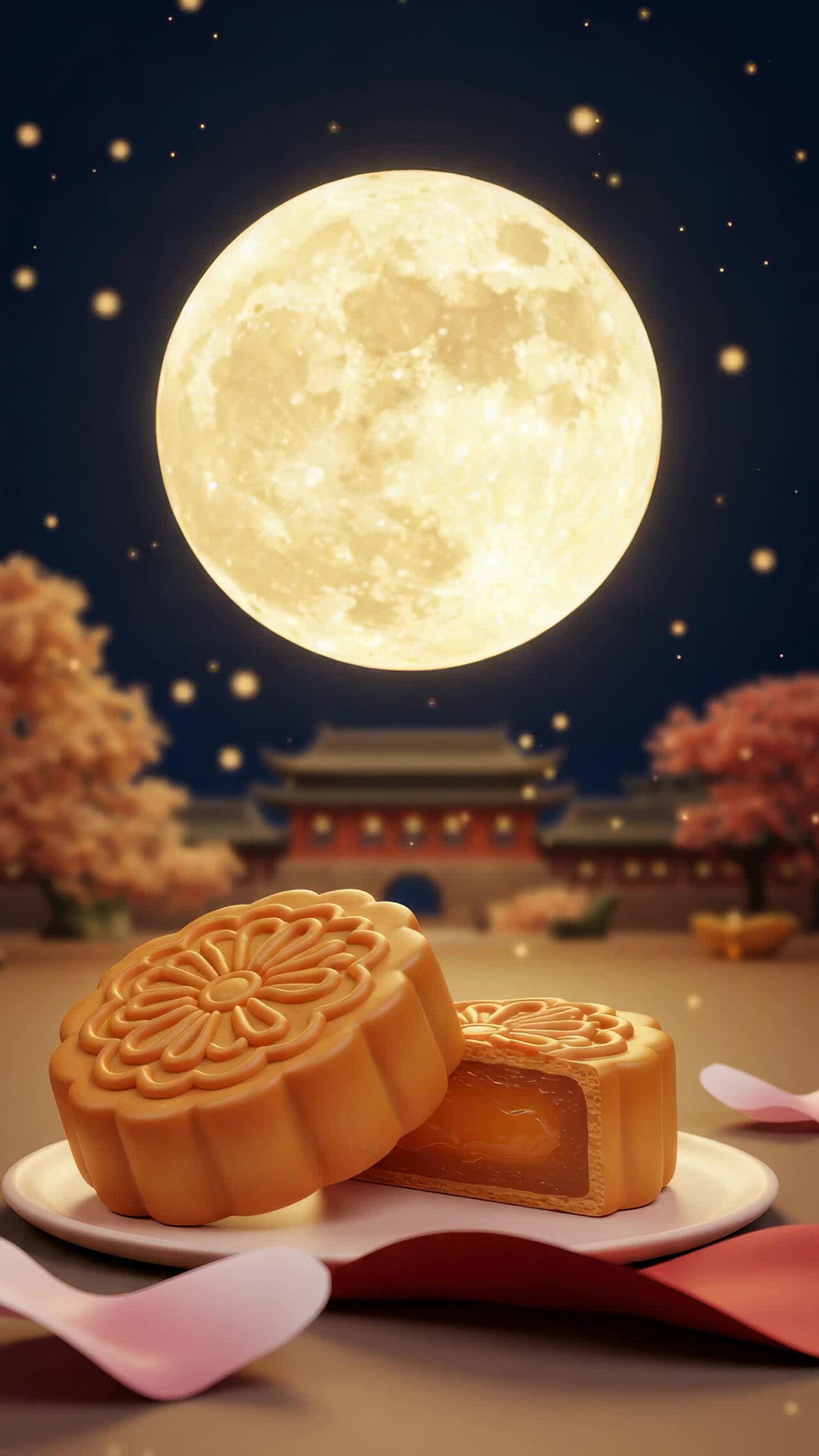 中秋月饼与圆月古风3D国潮竖屏动画