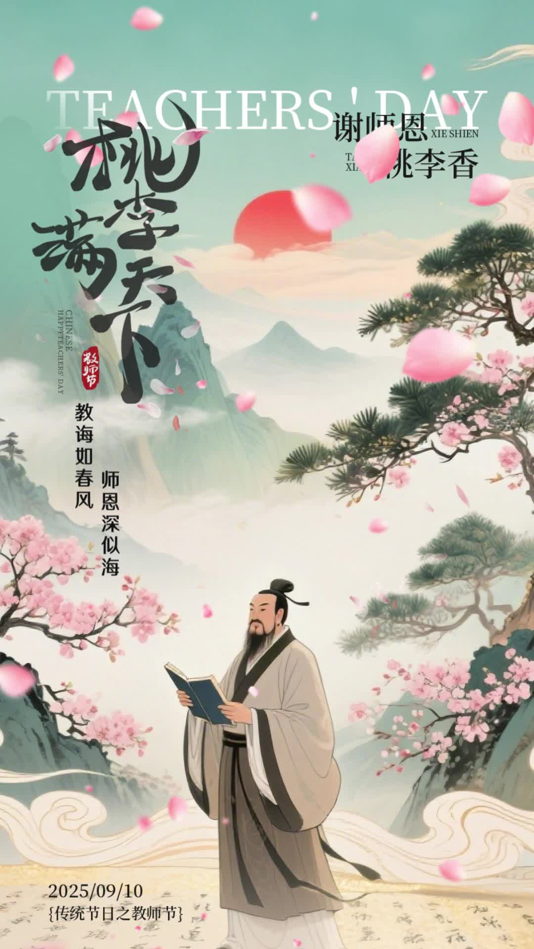 4k绿色水彩中国风2025桃李满天下感恩教师节视频海报ae模板AE模板