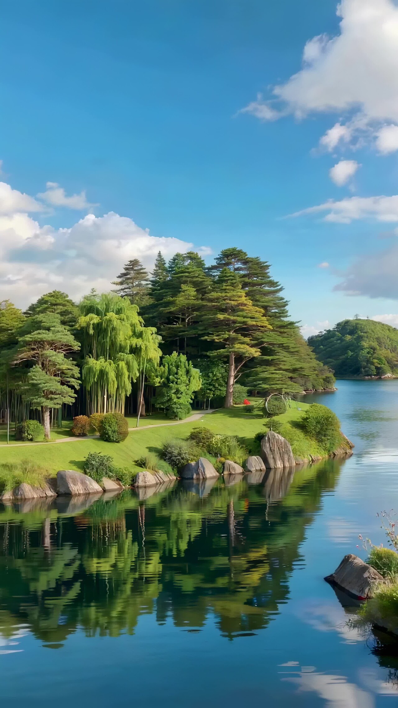 湖畔绿树成荫自然景观