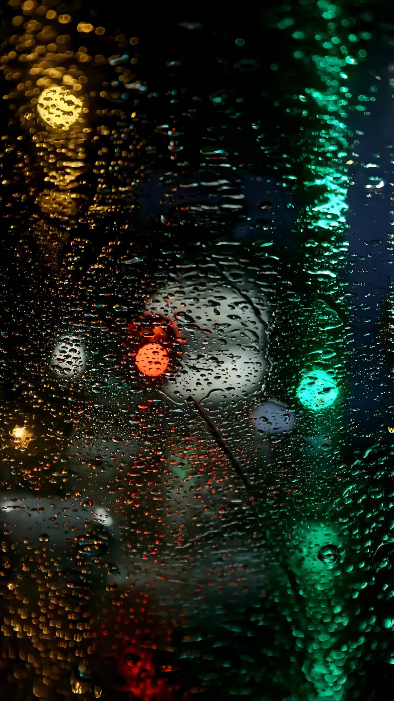 雨夜车窗玻璃上的雨滴与街景